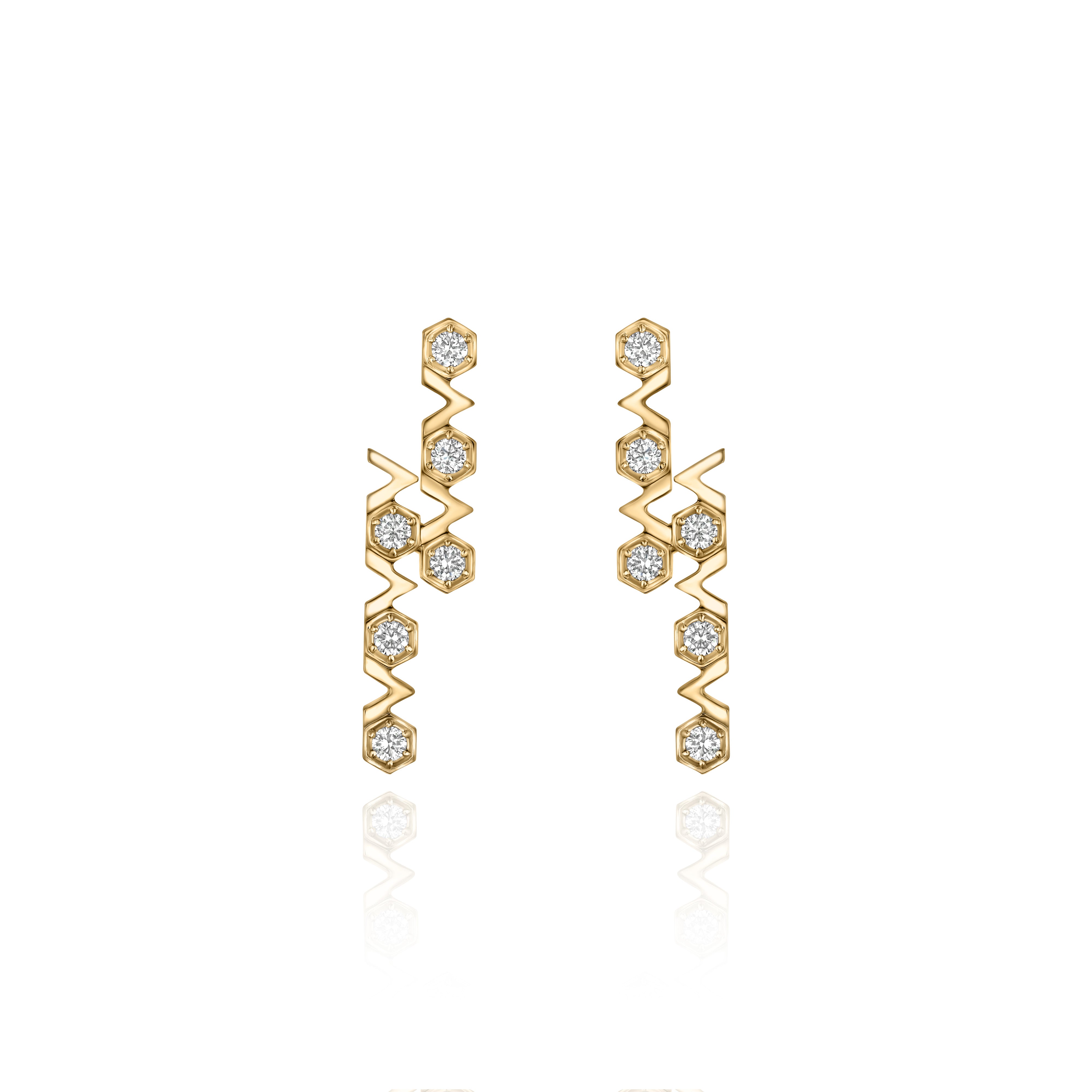 Yellow Gold Earrings with hexagons and V shapes, and Diamonds, Medium