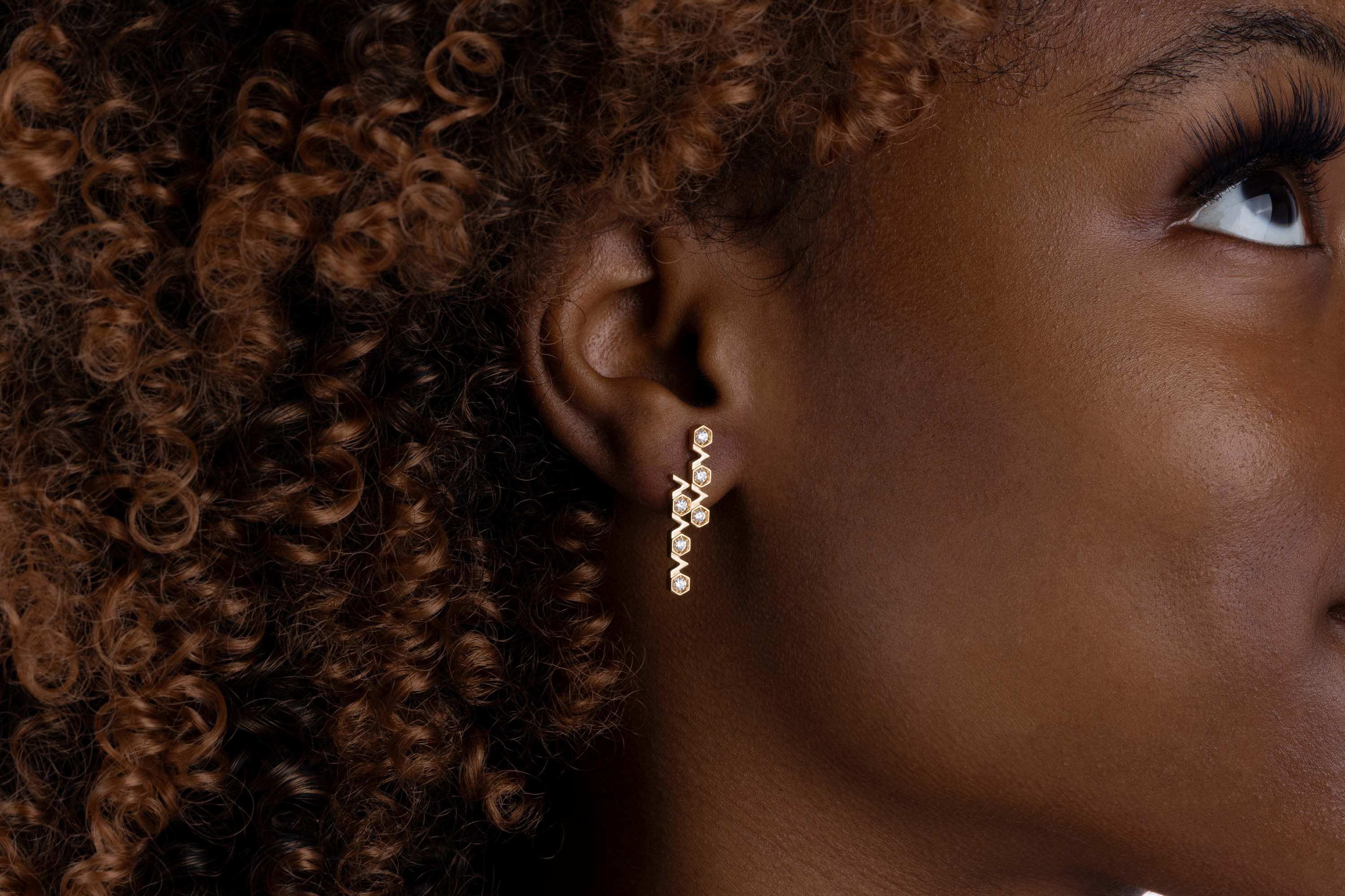 Yellow Gold Earrings with hexagons and V shapes, and Diamonds, Medium - Model shot