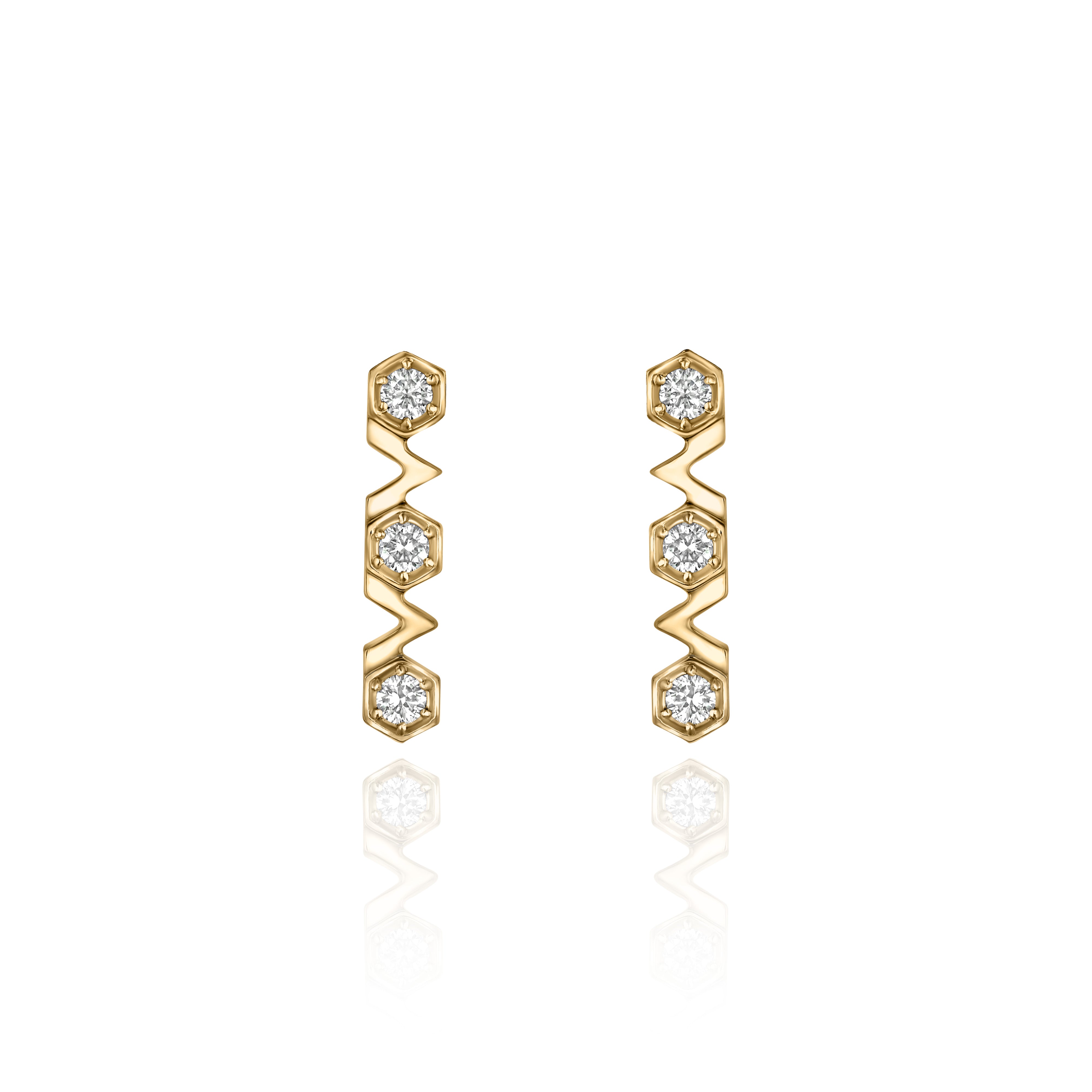 Yellow Gold Earrings with hexagons and V shapes, and Diamonds, Small