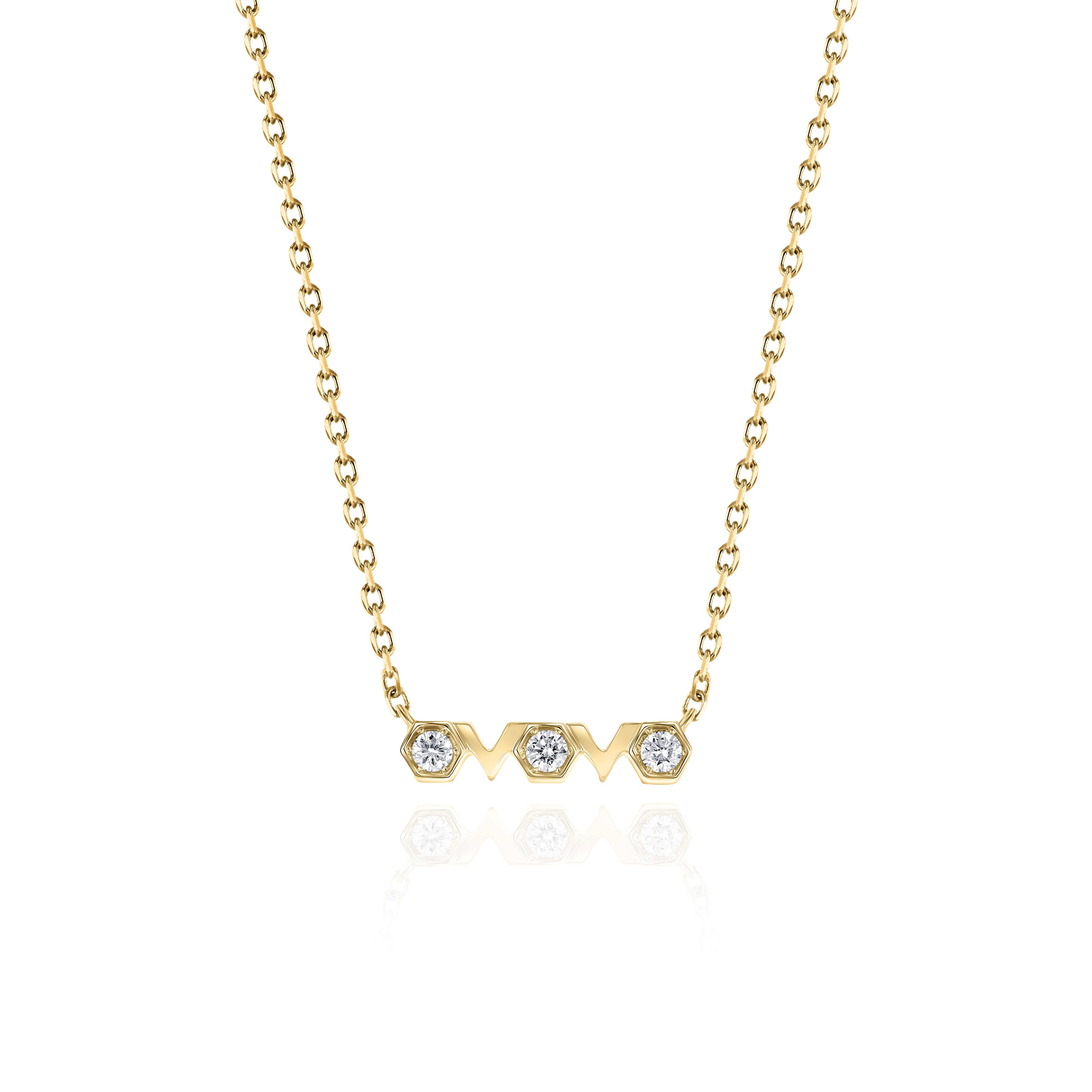 Yellow Gold Necklace with hexagons and V shapes, and Diamonds, Small