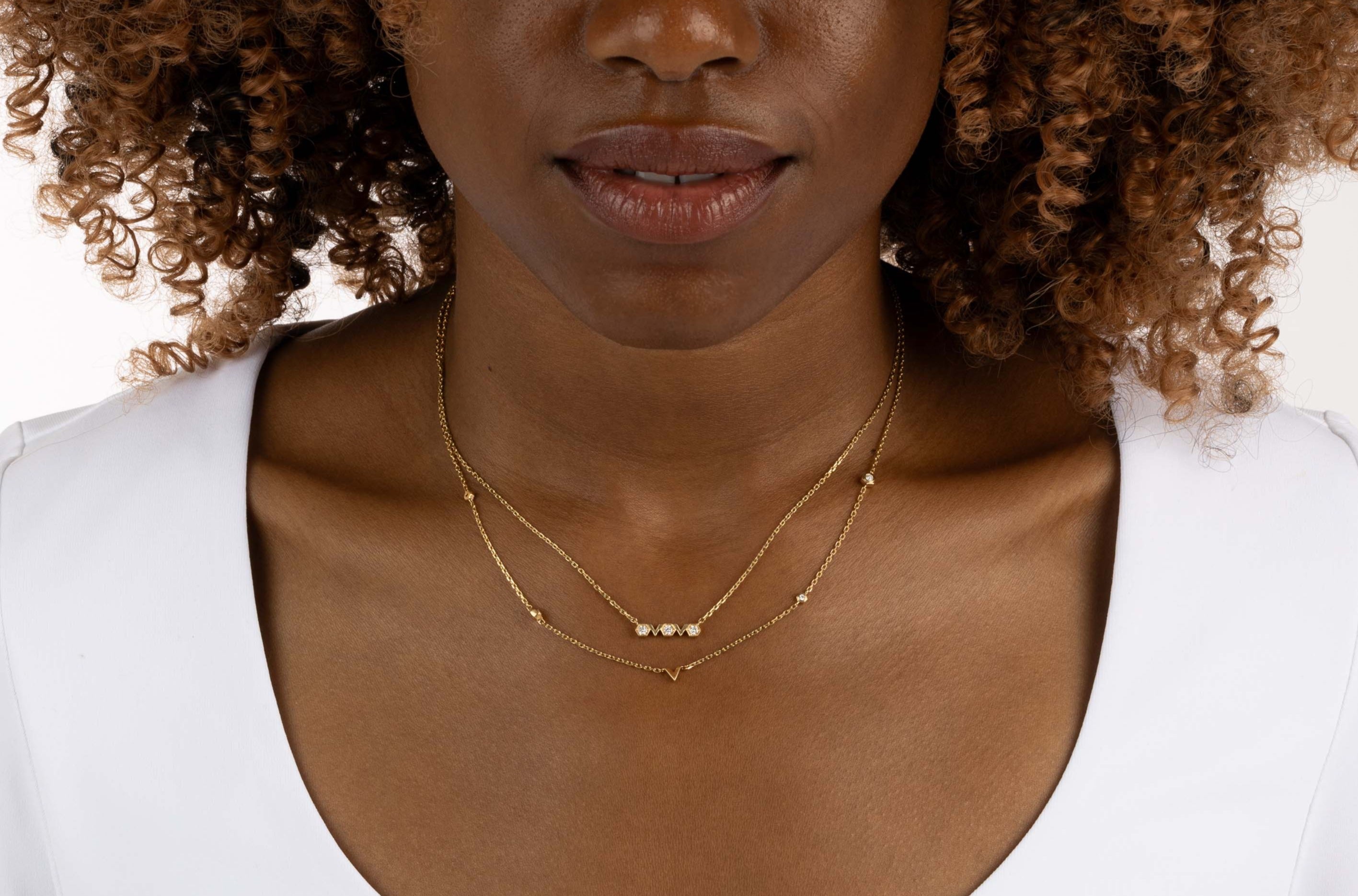 Yellow Gold Necklace with hexagons and V shapes, and Diamonds, Small - Model shot