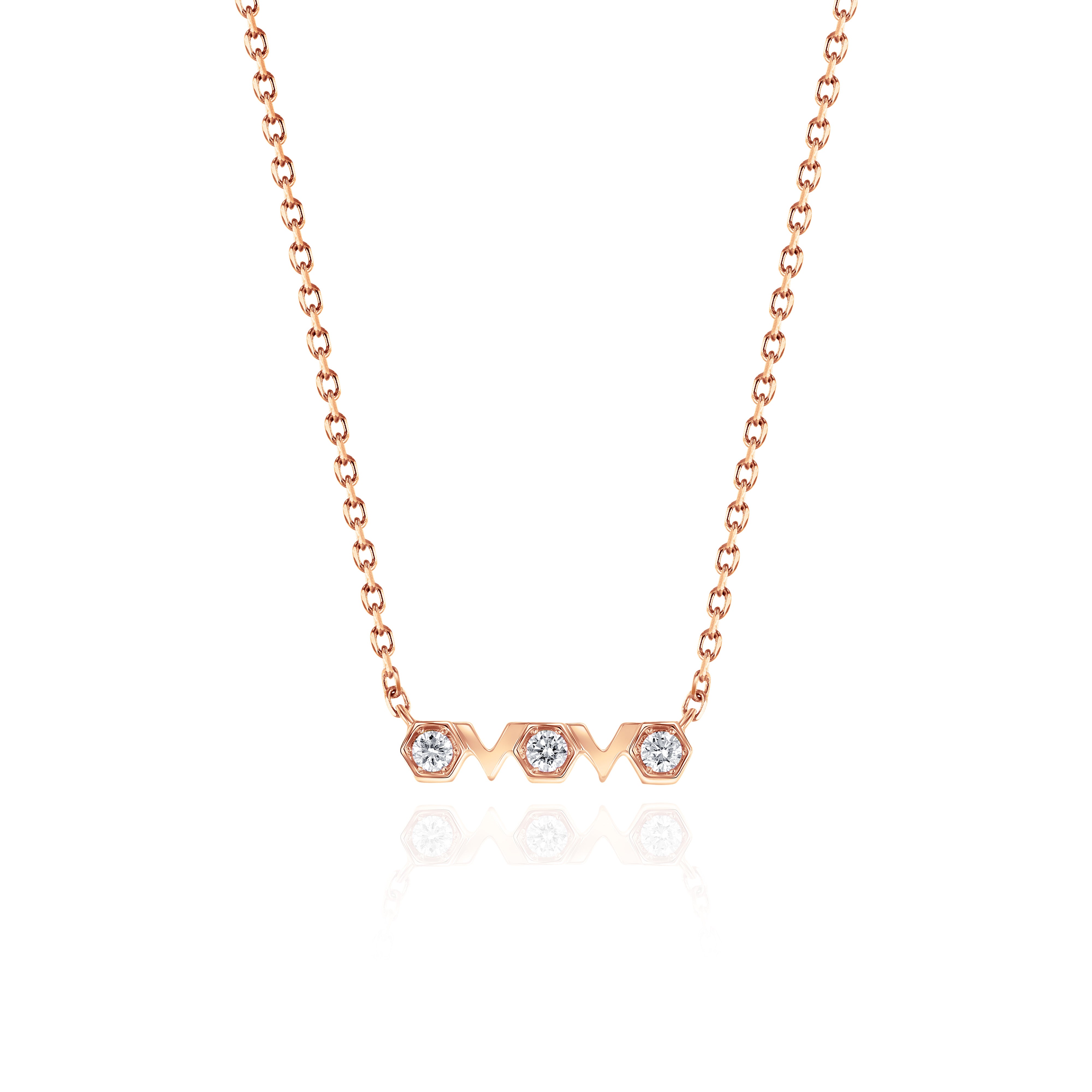 Rose Gold Necklace with hexagons and V shapes, and Diamonds, Small