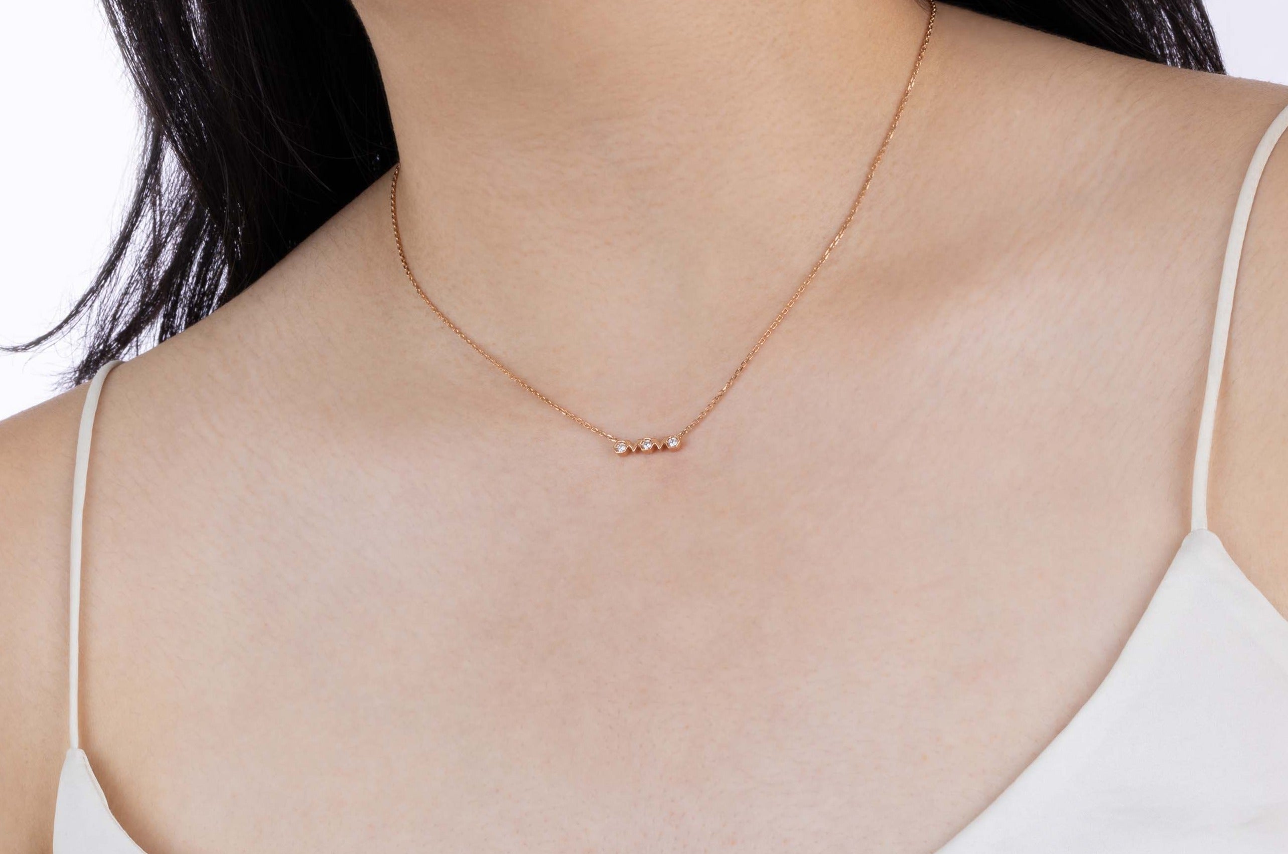 Rose Gold Necklace with hexagons and V shapes, and Diamonds, Small - Model shot