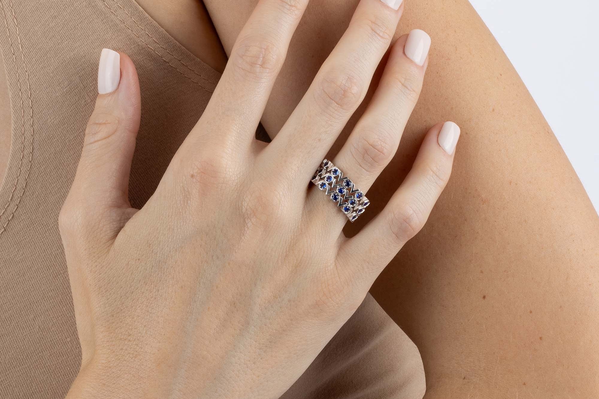 Stack of three White Gold and Blue Sapphire Rings with hexagons and V shapes, Medium - Model shot