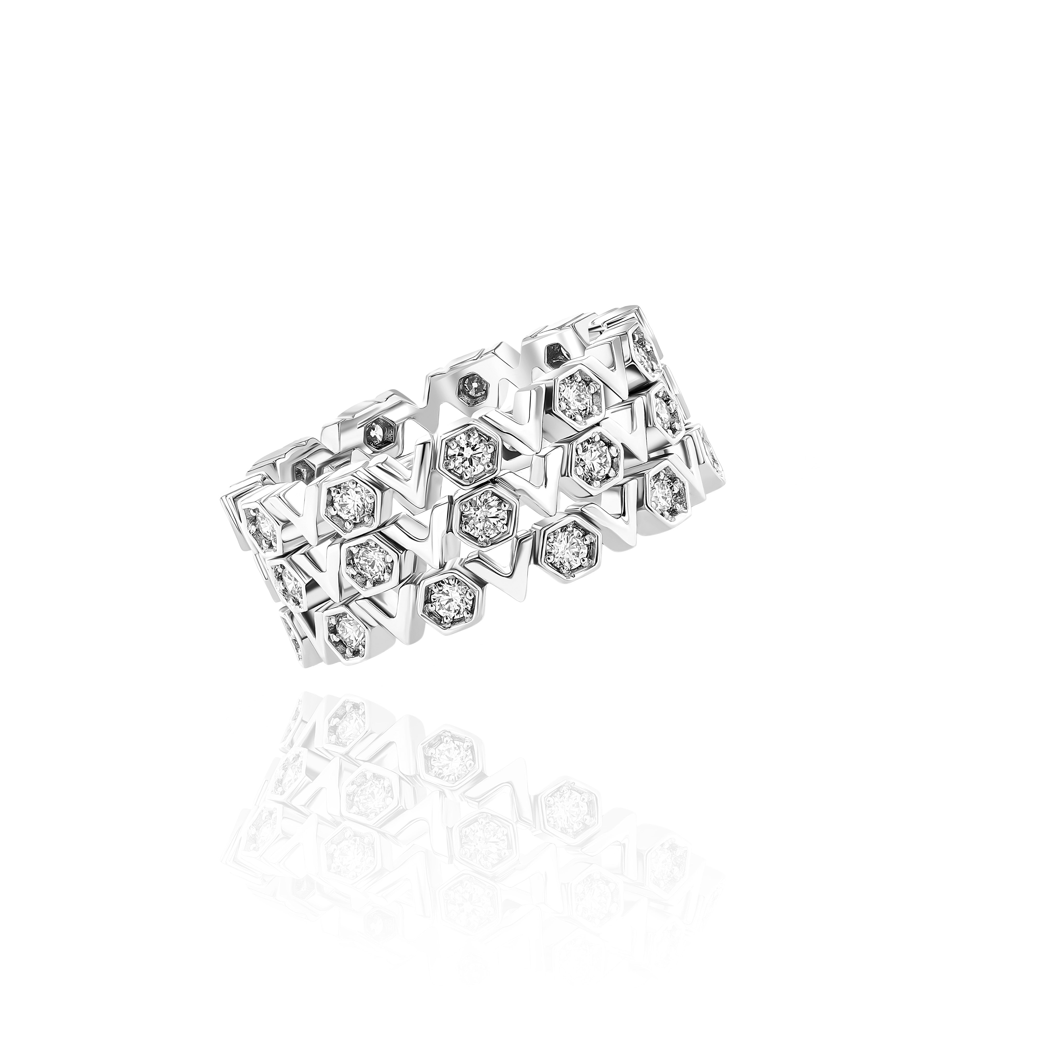 Stack of three White Gold and Diamond Rings with hexagons and V shapes, Medium