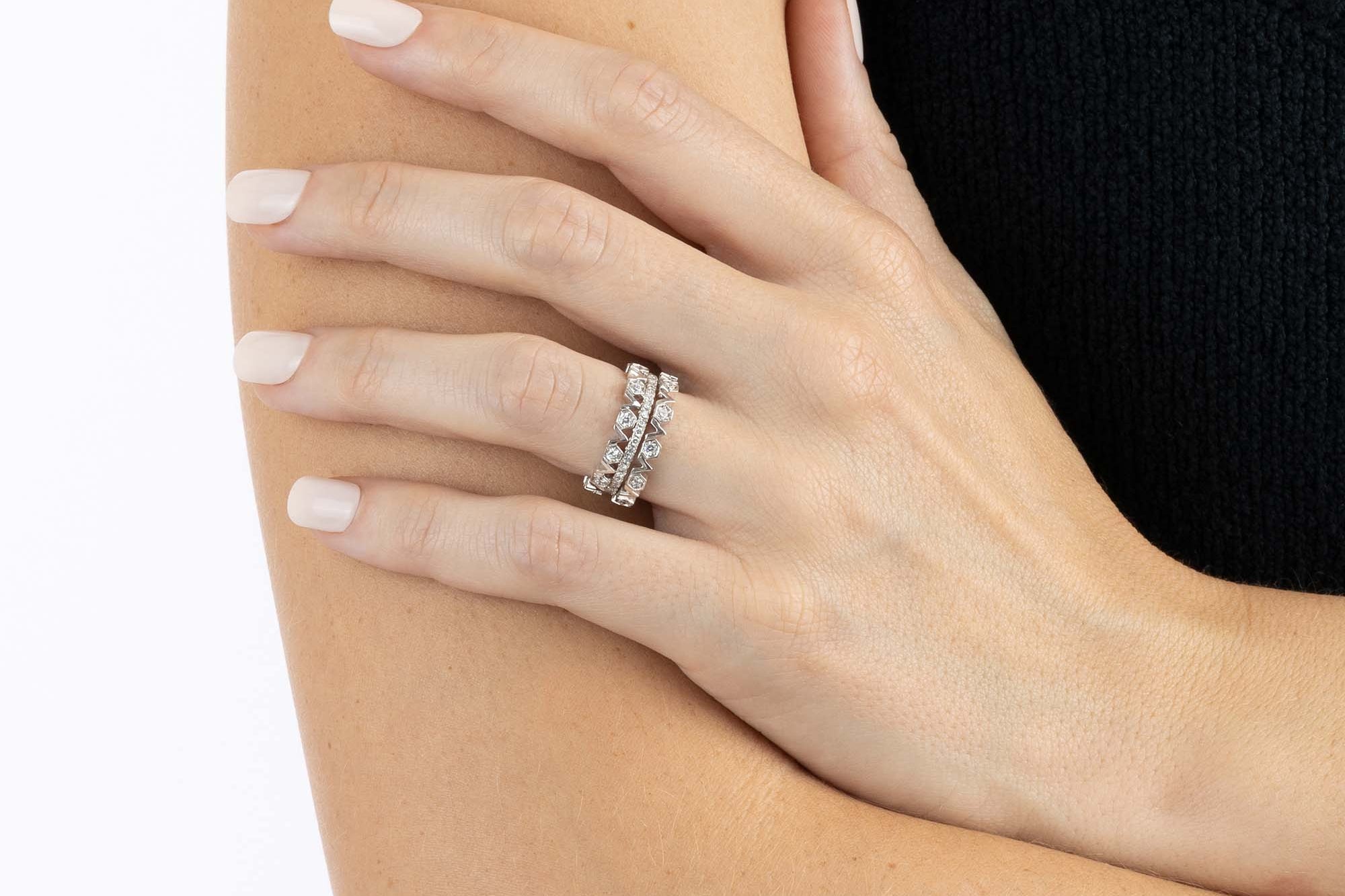 Stack of three White Gold and Diamond Rings with hexagons and V shapes, Medium - Model shot