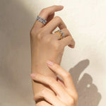 Stacks of three White Gold and Diamond Rings with hexagons and V shapes, Medium - Model shot