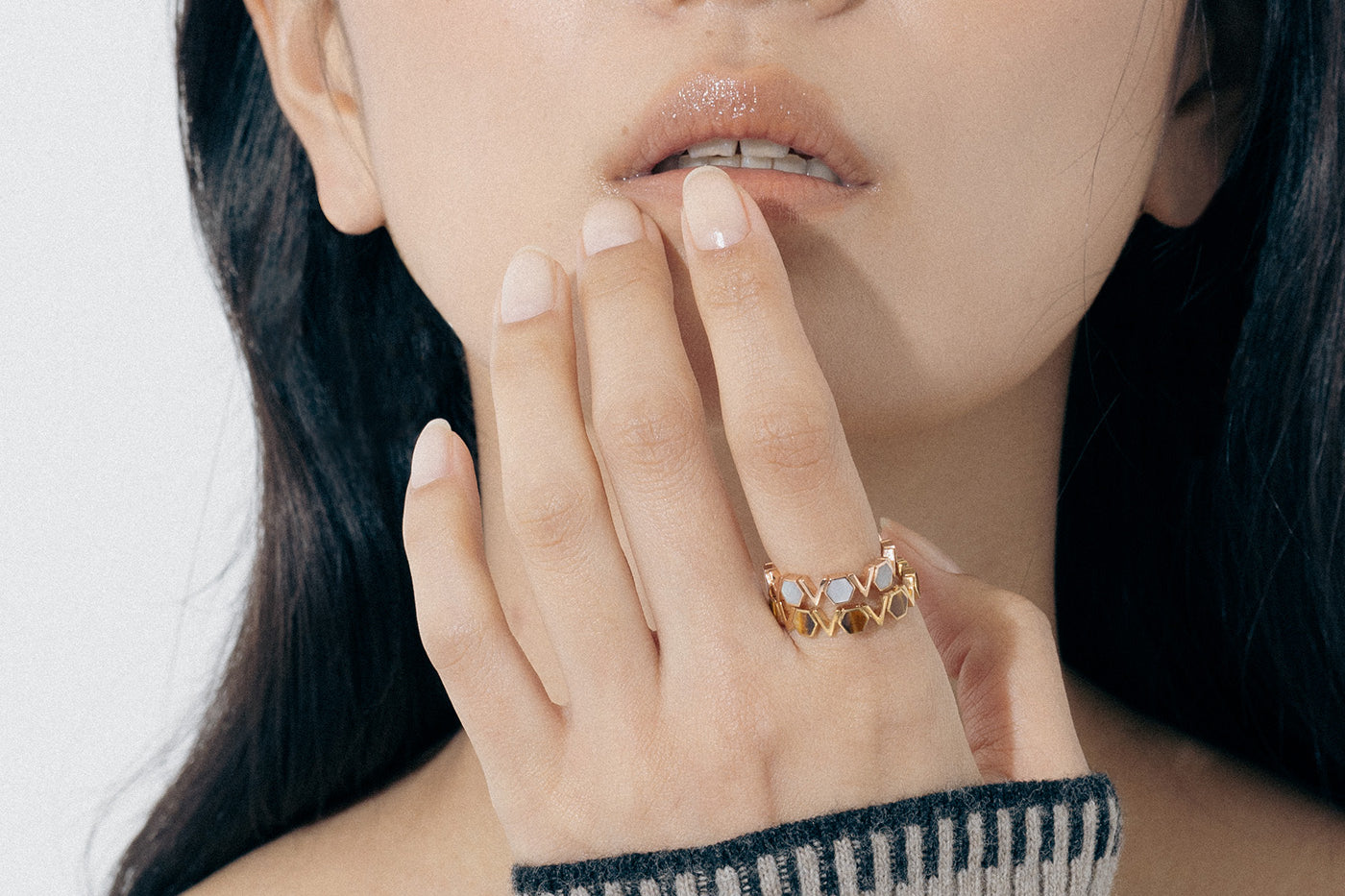 Rose Gold Band with repeating White Shell hexagons and V shapes, Medium - Model shot