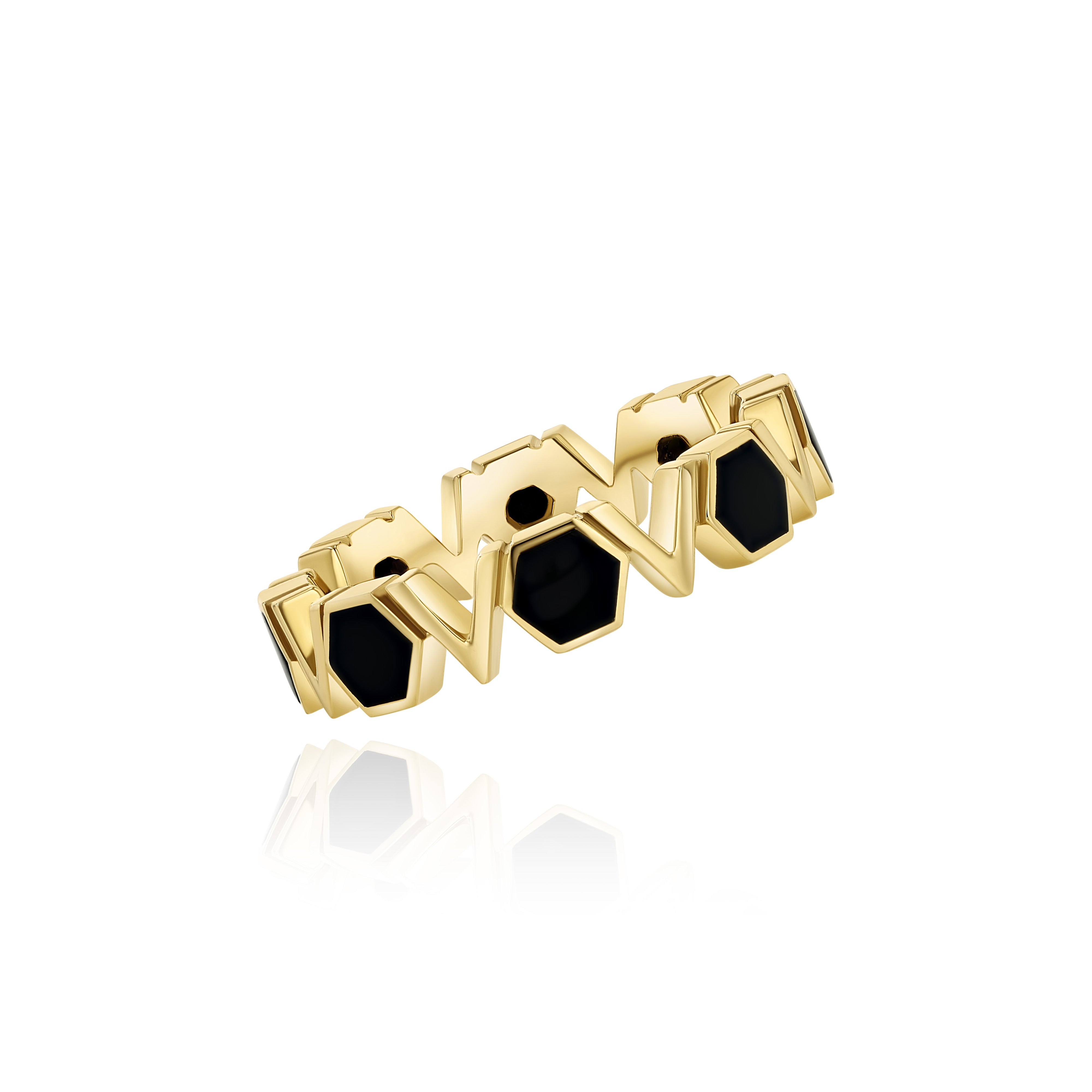 Yellow Gold Band with repeating Onyx hexagons and V shapes, Medium