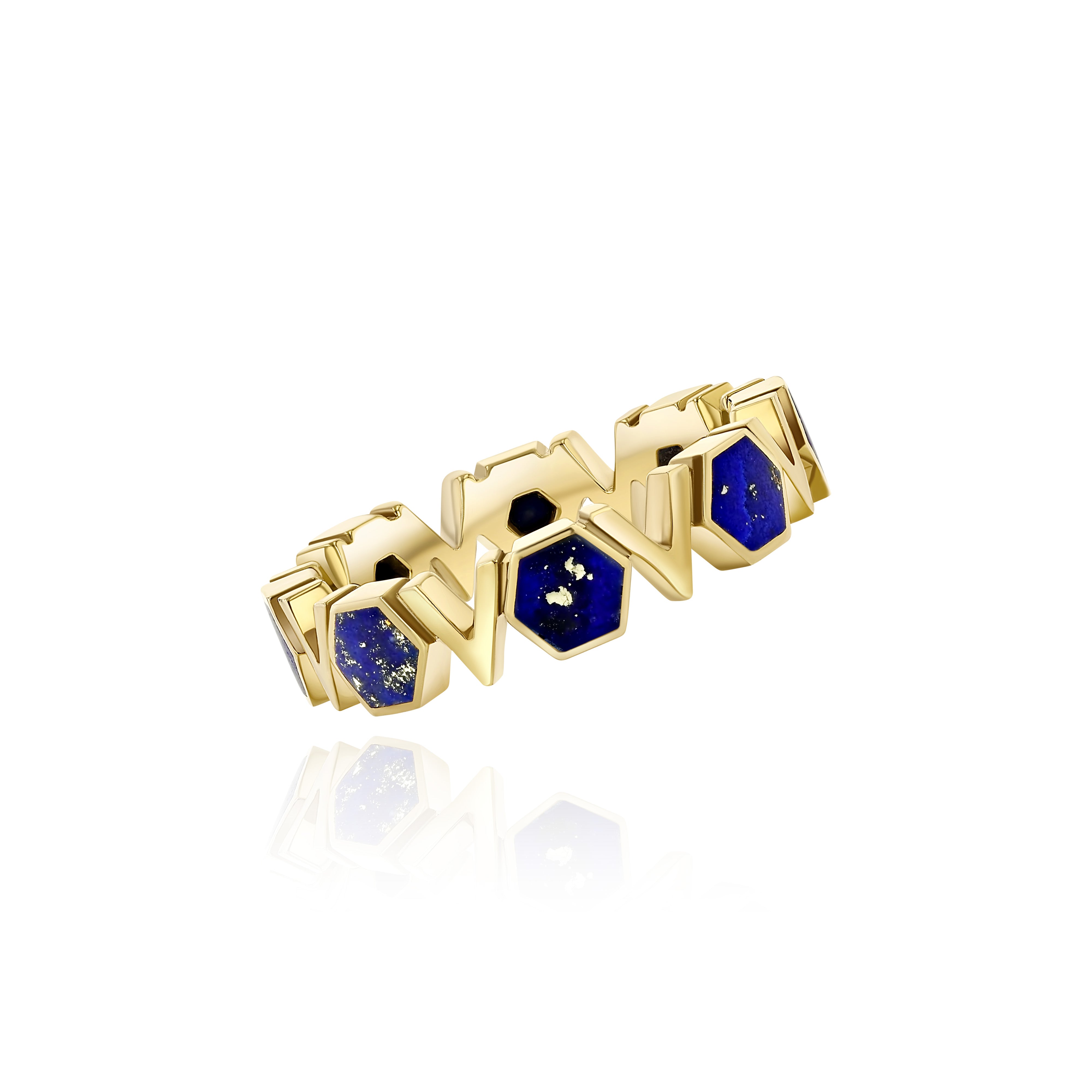 Gold Plated Silver Band with repeating Lapis stone hexagons and V shapes, Medium