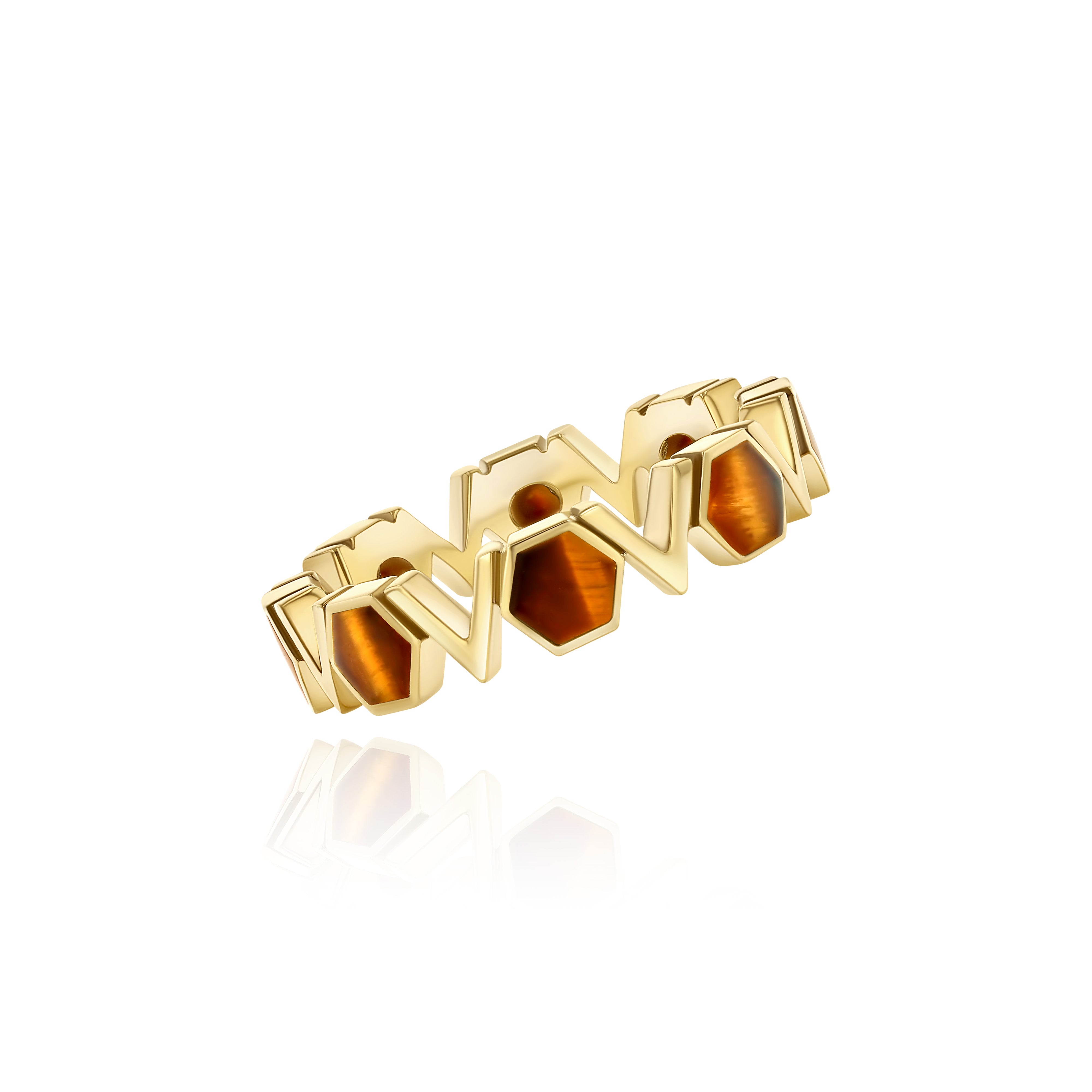 Gold Plated Silver Band with repeating Tiger's Eye hexagons and V shapes, Medium