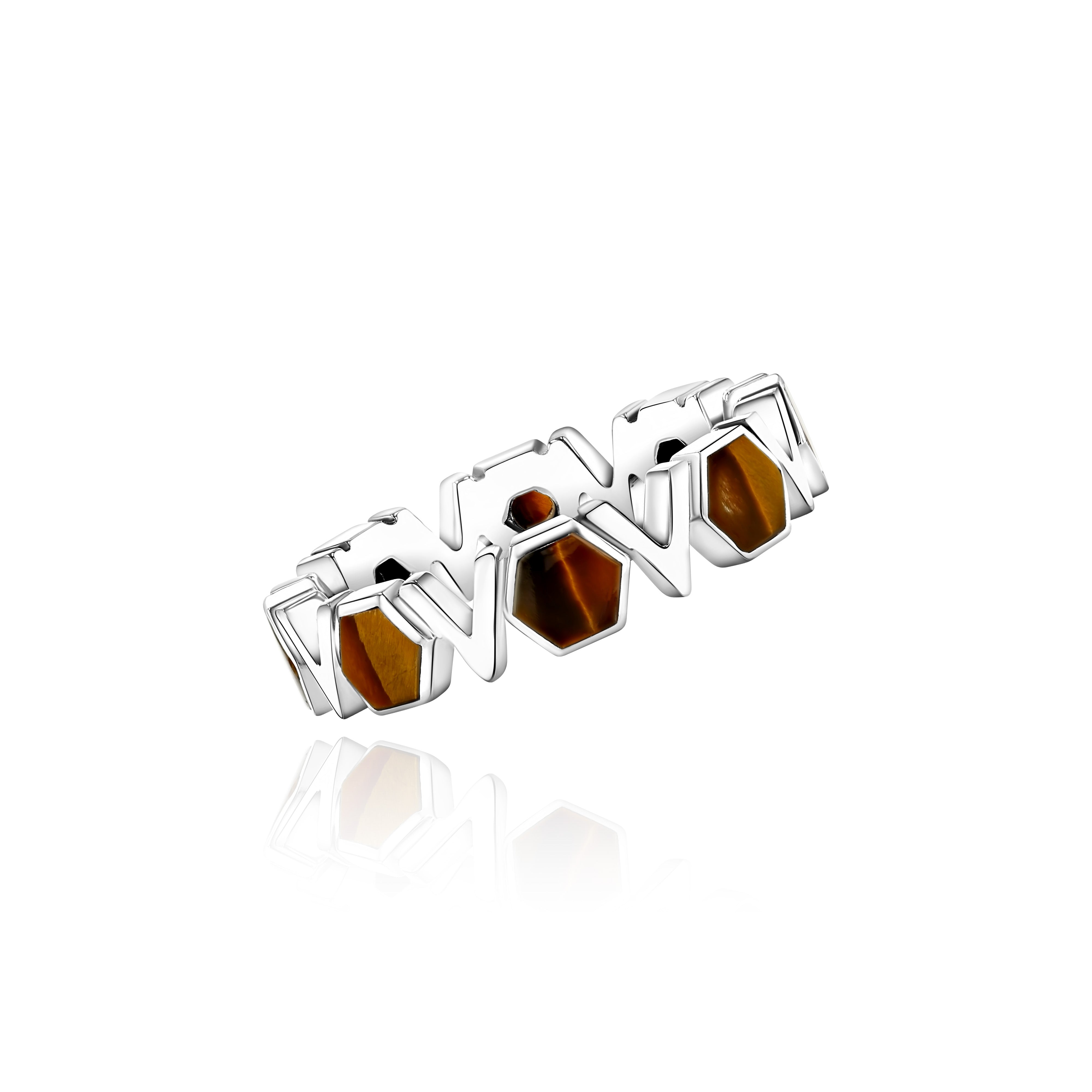 Silver Band with repeating Tiger's Eye hexagons and V shapes, Medium