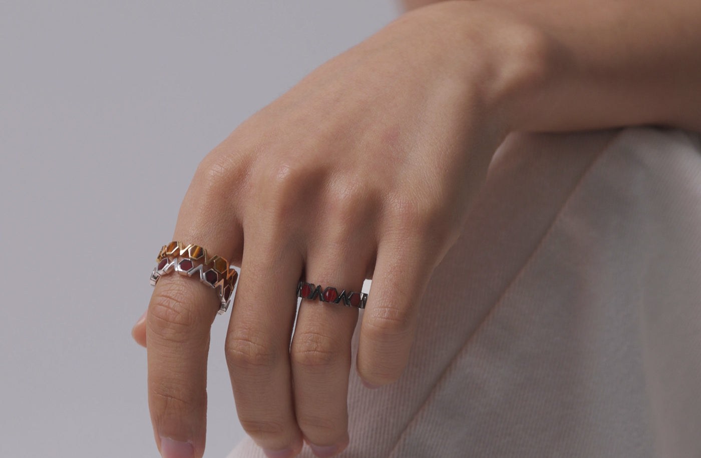 Silver Band with repeating Carnelian hexagons and V shapes, Medium - Model shot