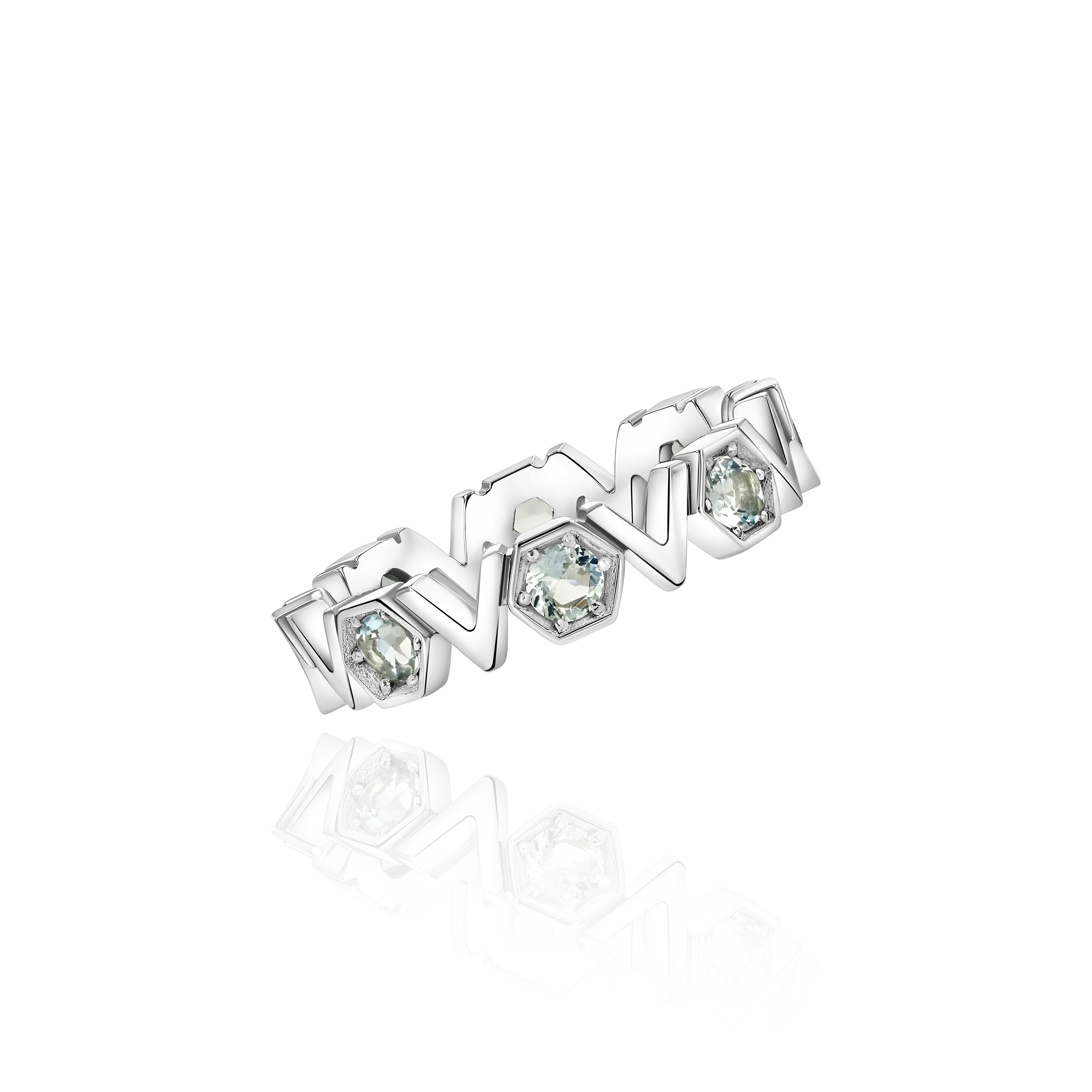 Silver Band with repeating Aquamarine hexagons and V shapes, Medium