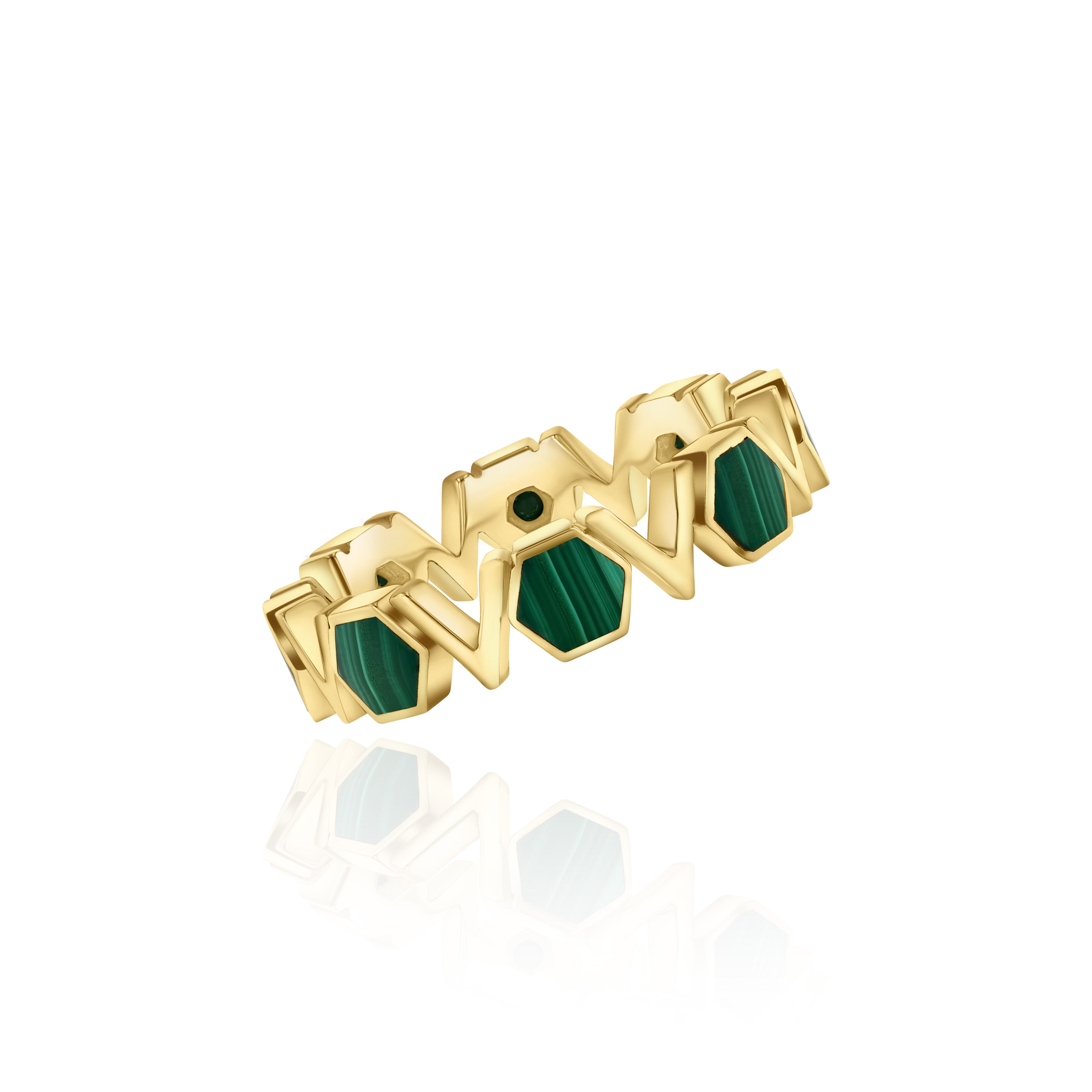 Gold Plated Silver Band with repeating Malachite and V shapes, Medium