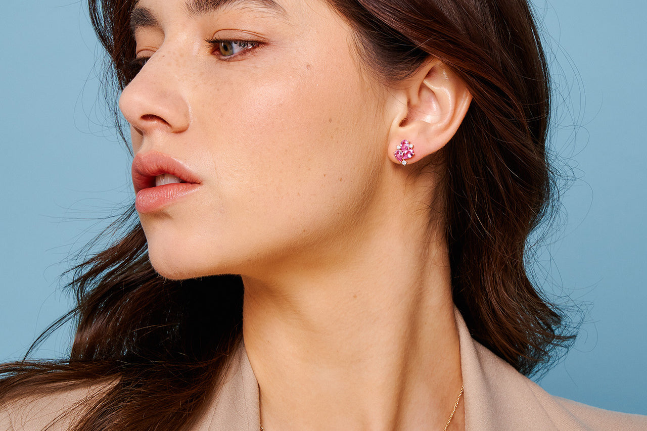 Yellow Gold Earrings with Pink Sapphires and Diamonds, Small - Model shot 