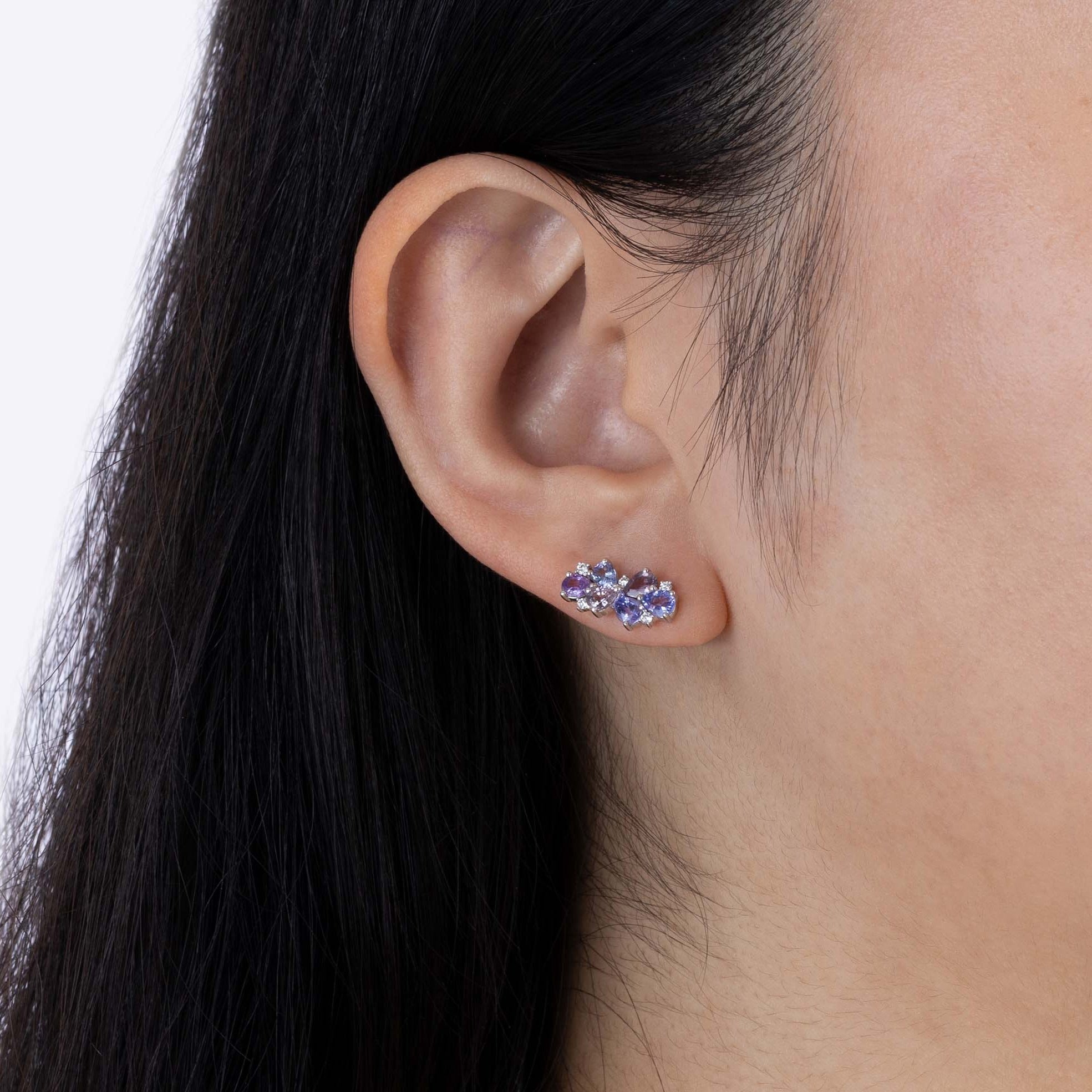 White Gold Earrings with Purple and Blue Sapphires, and Diamonds, Small - Model shot