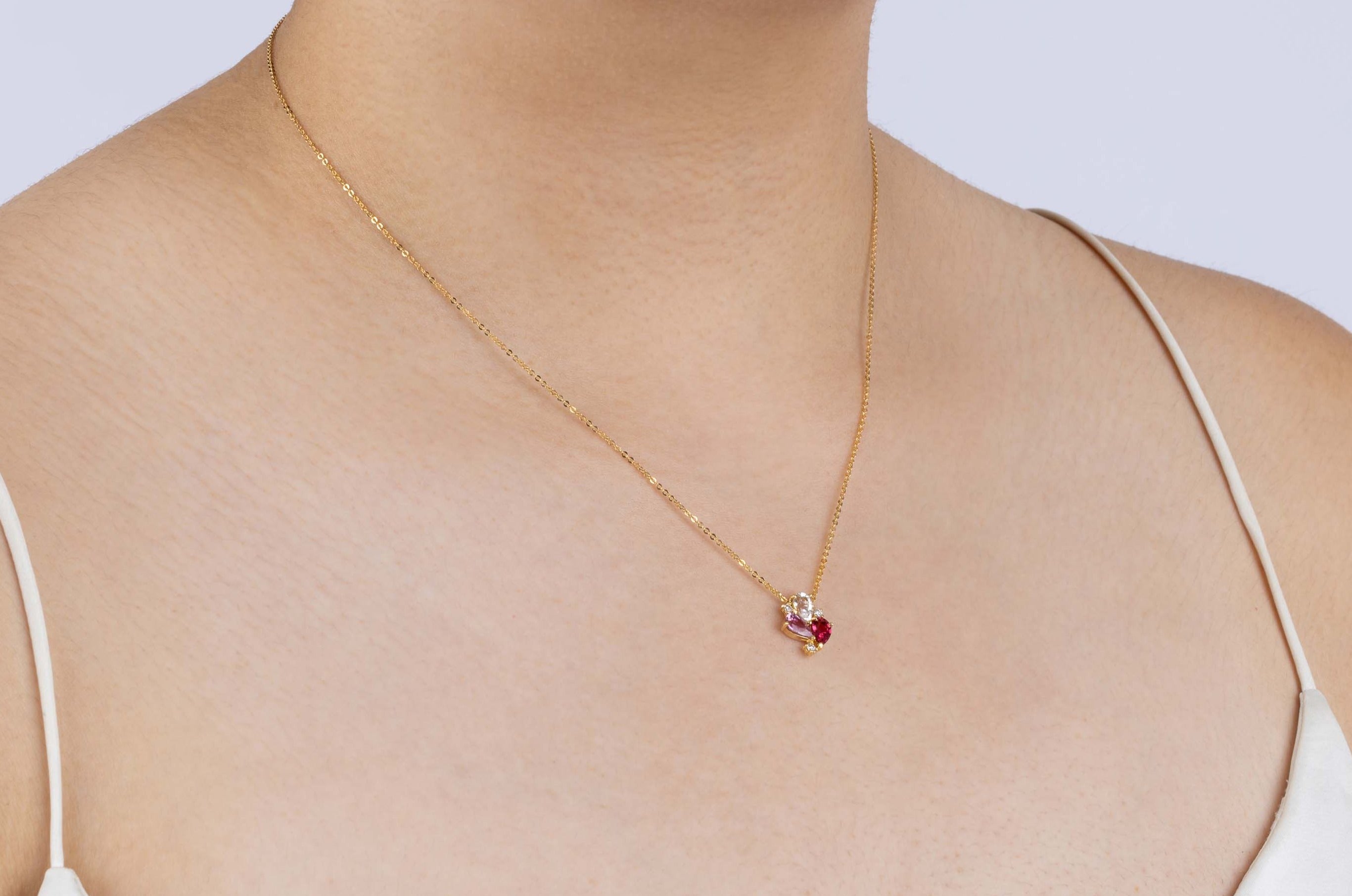 Yellow Gold Necklace with White Sapphire, Pink Tourmaline, Rubellite, Diamonds, Small - Model shot