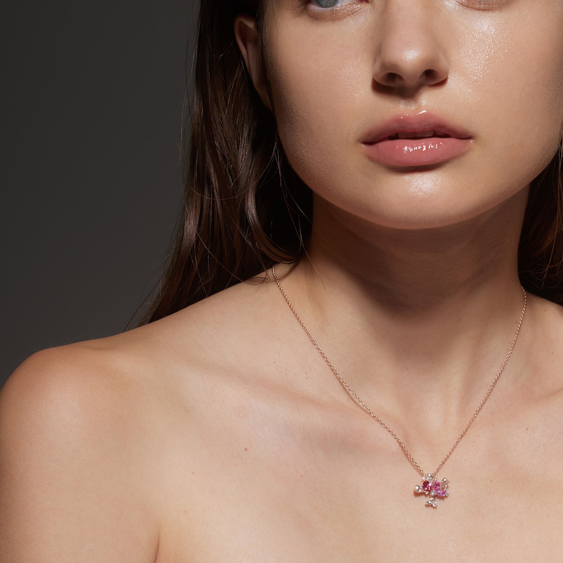 Rose Gold Necklace with Pink and White Sapphires, and Diamonds, Small - Model shot