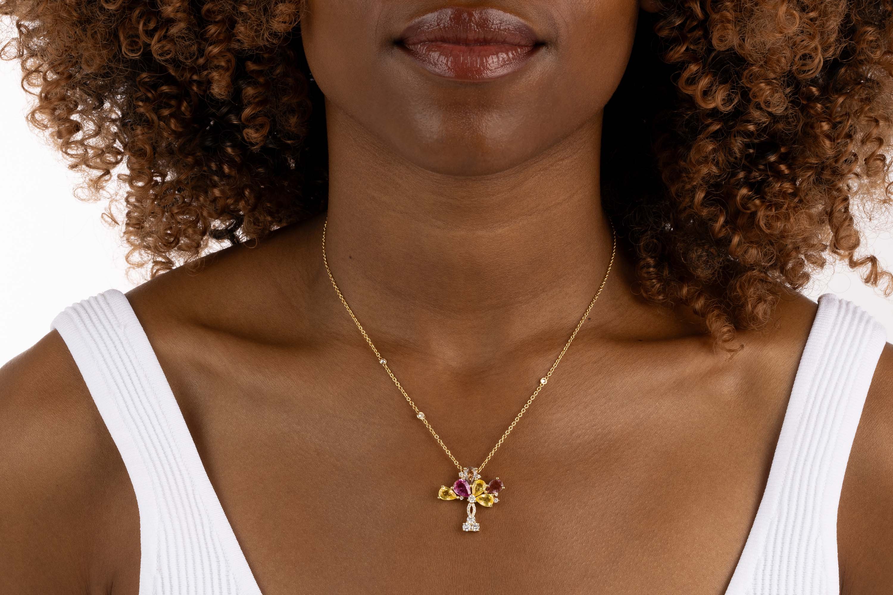 Yellow Gold Necklace with Yellow and Pink Sapphires, and Diamonds, Large - Model shot