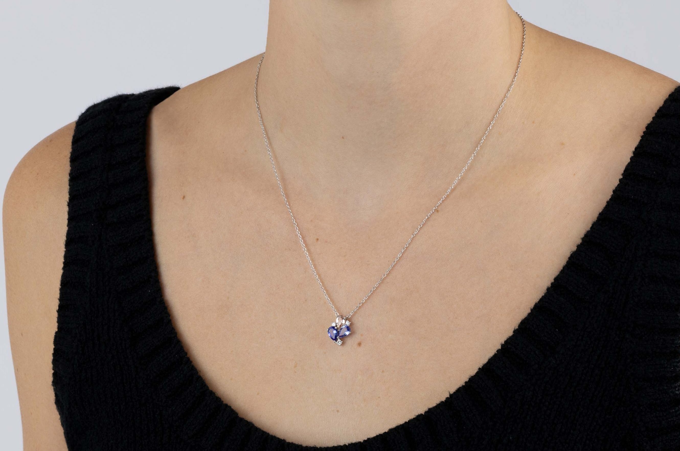 White Gold Necklace with Morganite, Tanzanite, and Diamonds, Small - Model shot