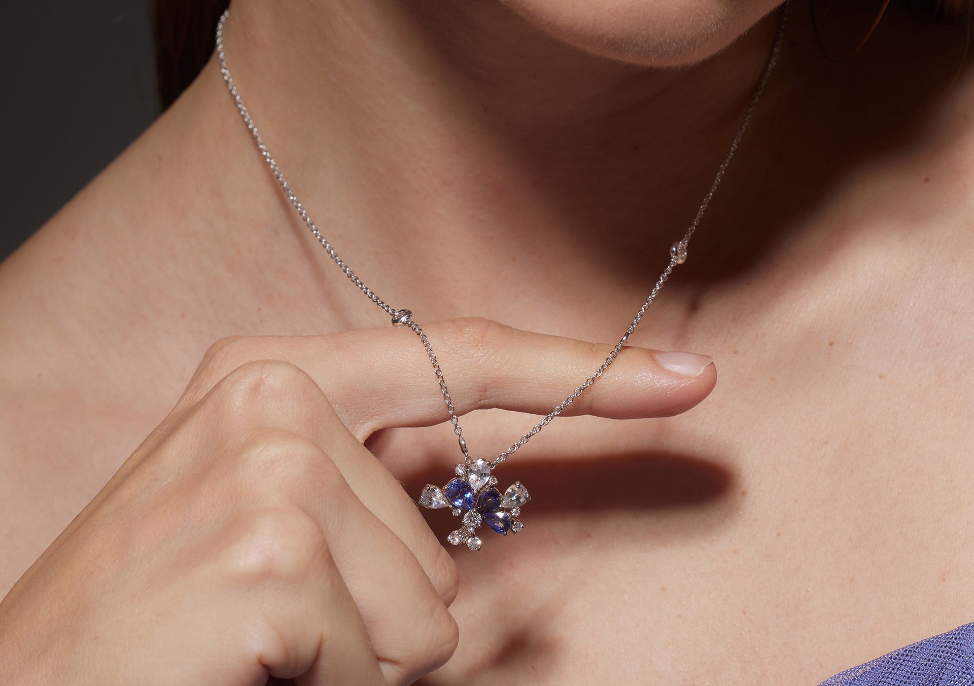 White Gold Necklace with Blue and White Sapphires, and Diamonds, Medium - Model shot