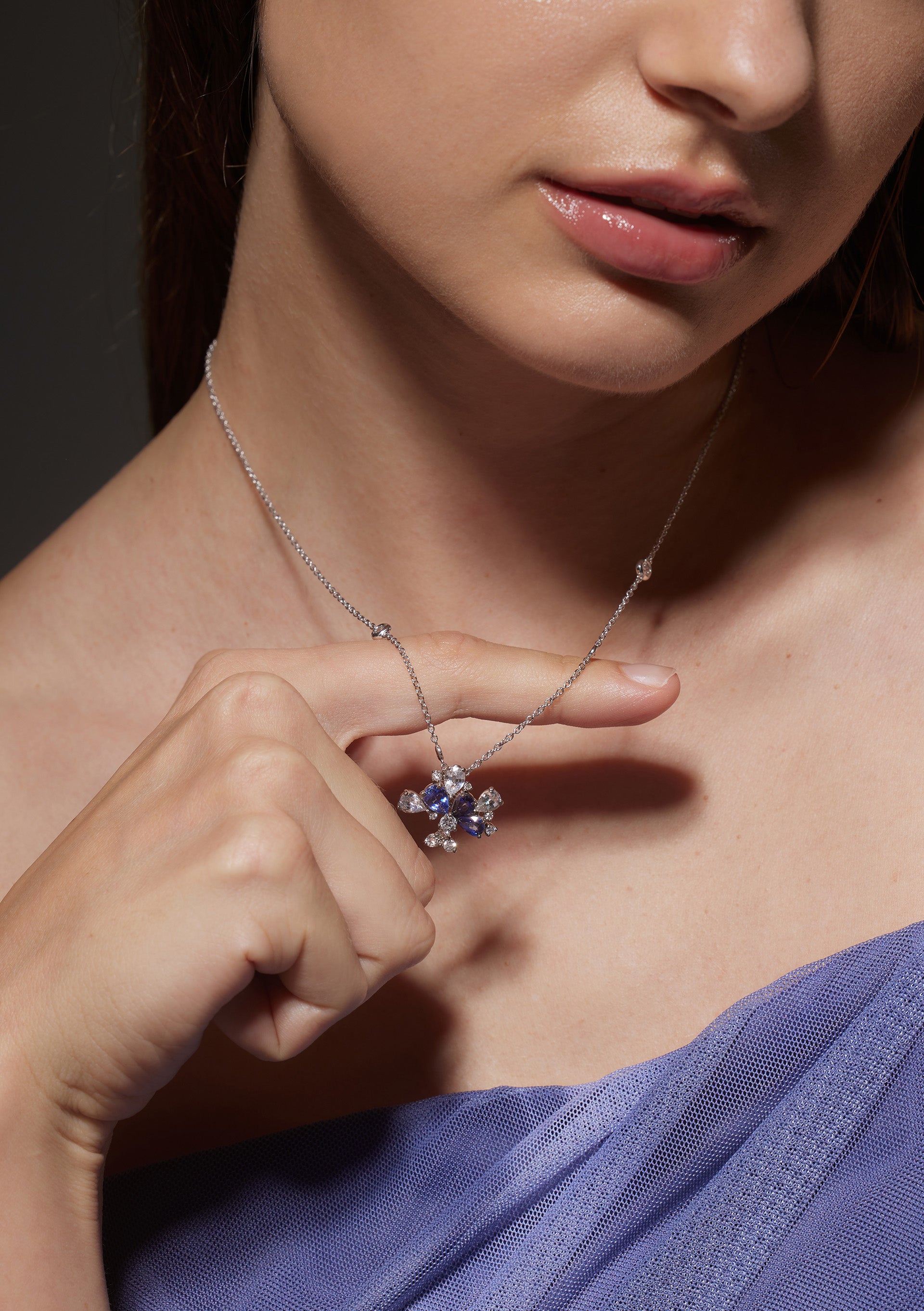 White Gold Necklace with Blue and White Sapphires, and Diamonds, Medium - Model shot