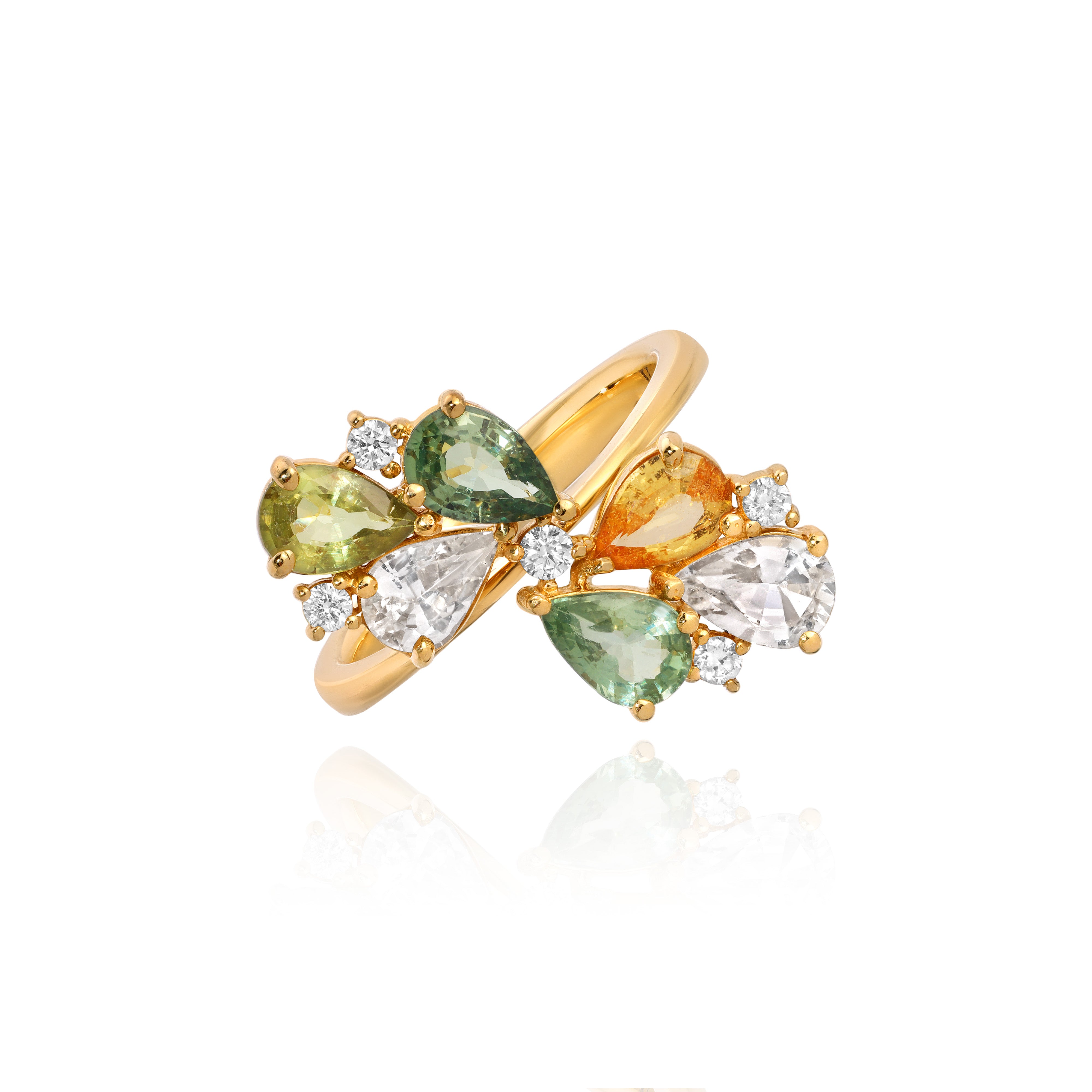 Yellow Gold Ring with pear shaped Green, Yellow, and White Sapphires, and small Diamonds, Medium