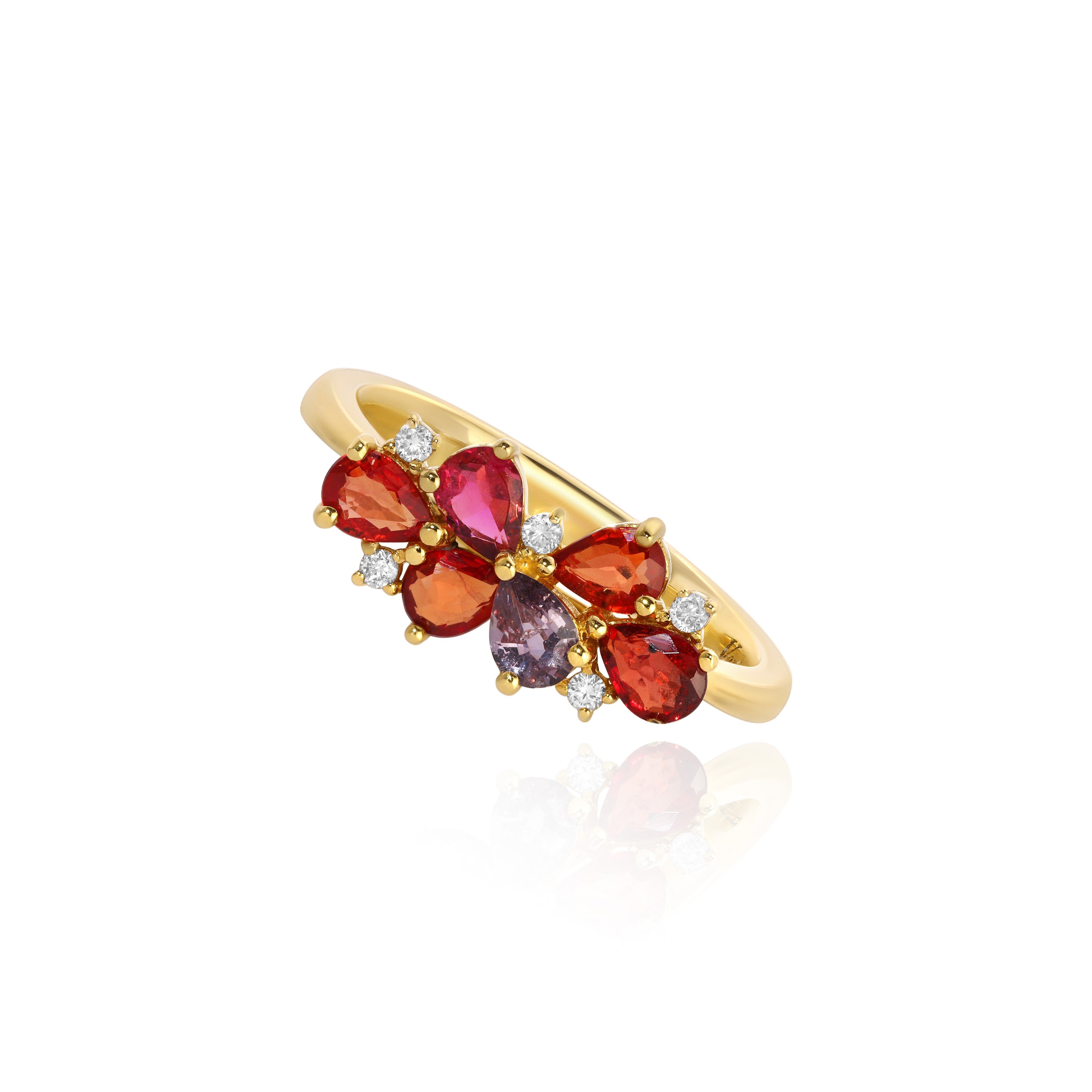 Yellow Gold Ring with pear shaped Orange and Purple Sapphires, and small round Diamonds, Small