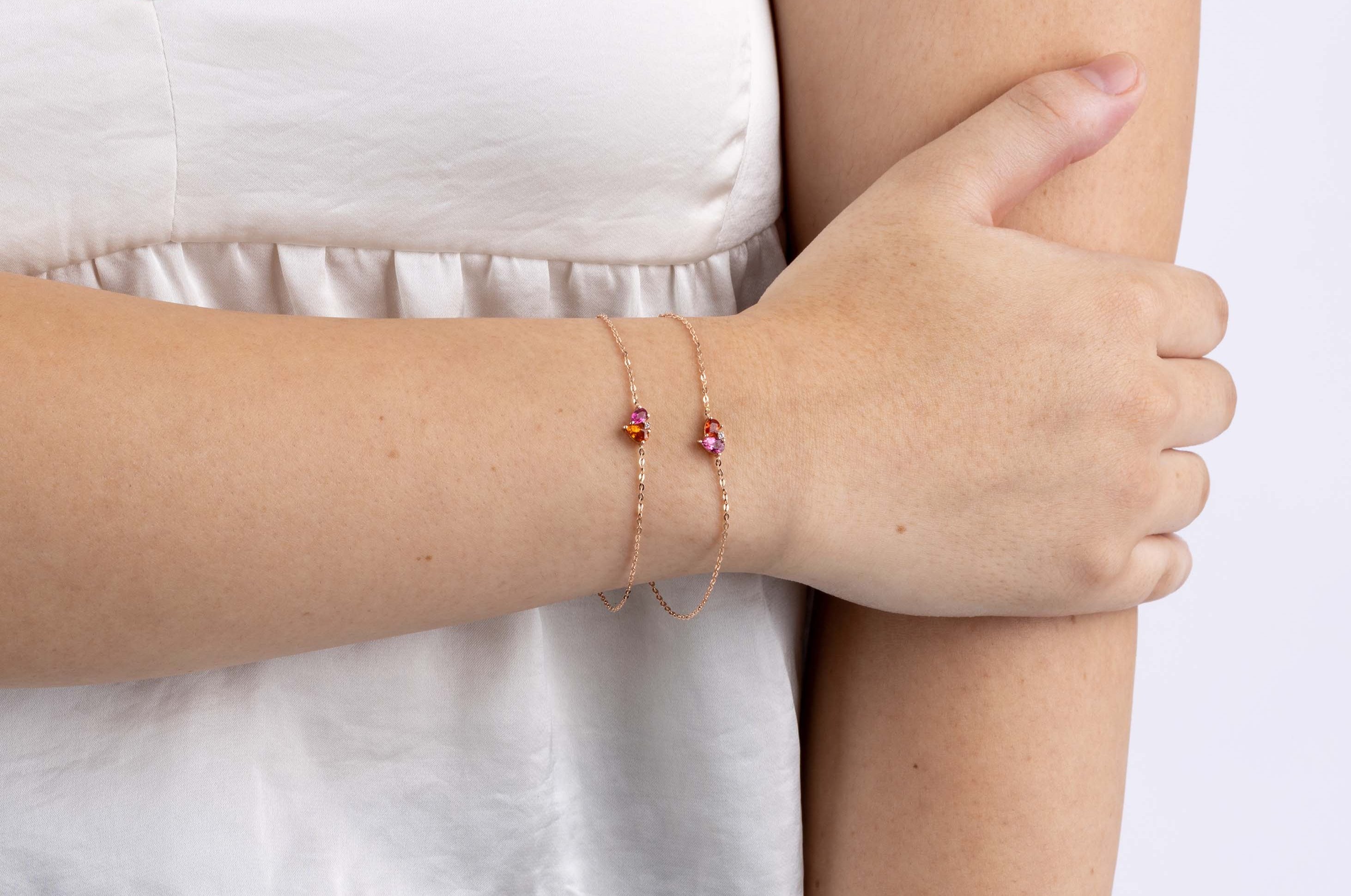 Rose Gold Bracelet with Pink Tourmaline, Orange Sapphire, and a Diamond, Small - Model shot