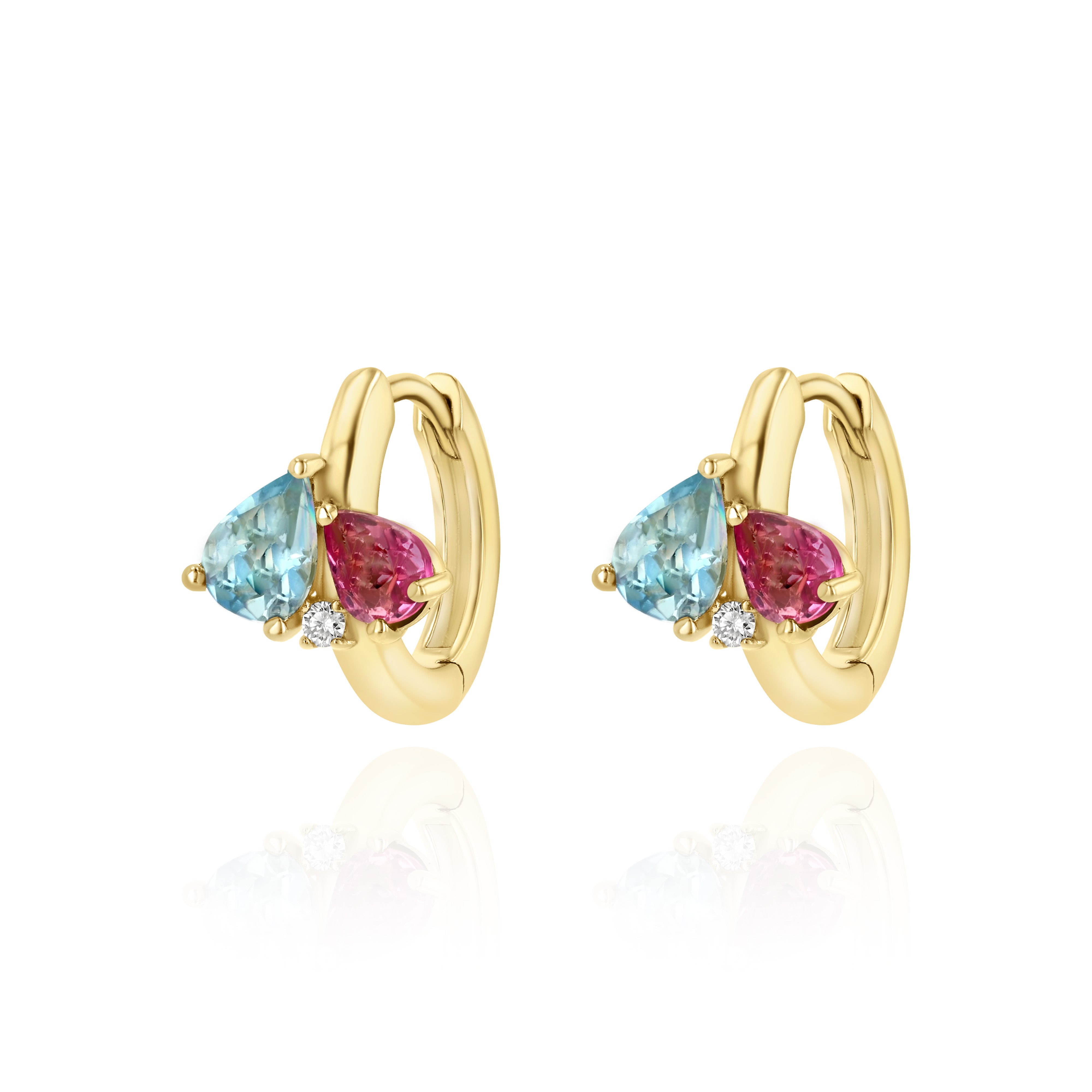 Yellow Gold mini hoop Earrings with Aquamarine, Pink Tourmaline, and Diamond, Small