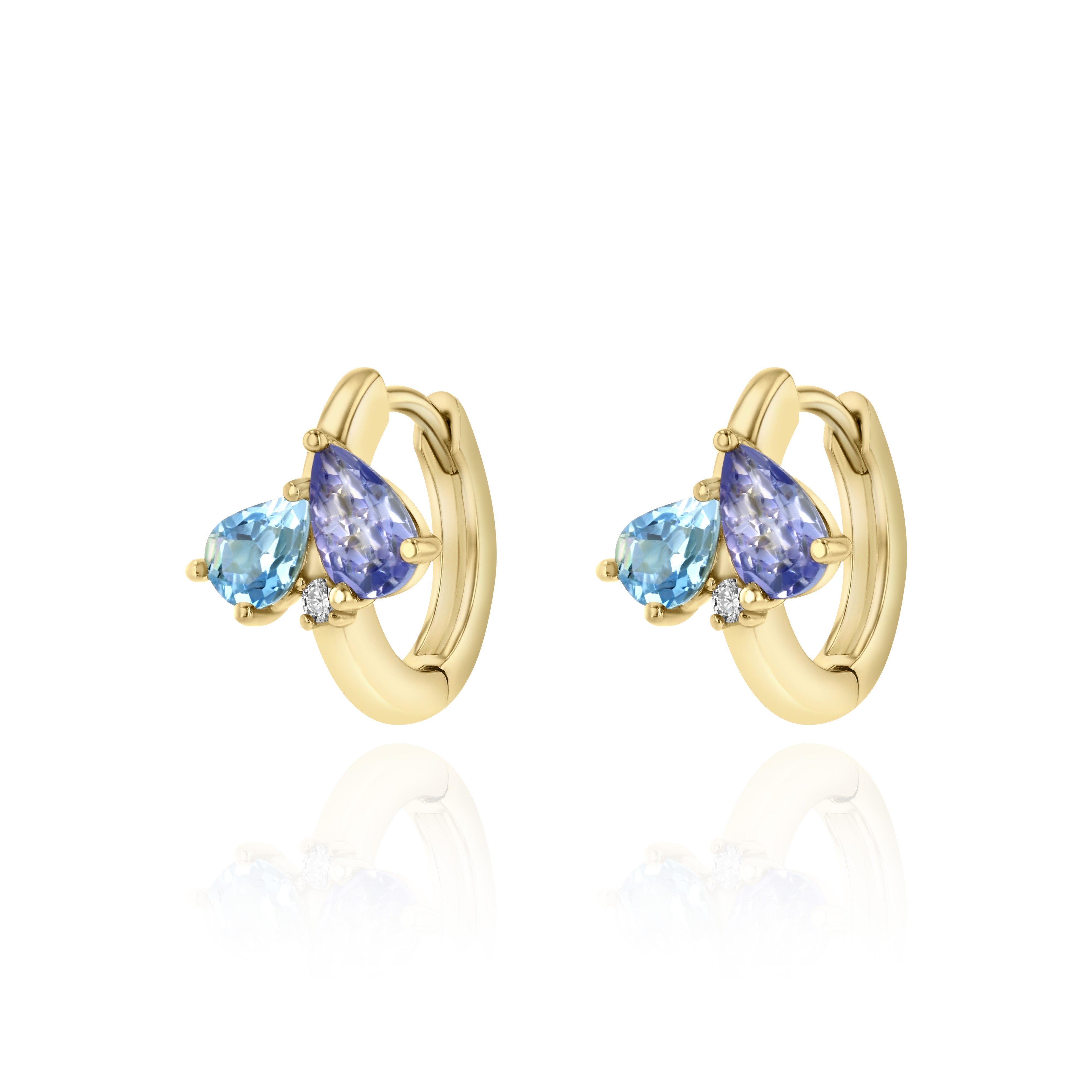 Yellow Gold mini hoop Earrings with Aquamarine, Tanzanite, and Diamond, Small