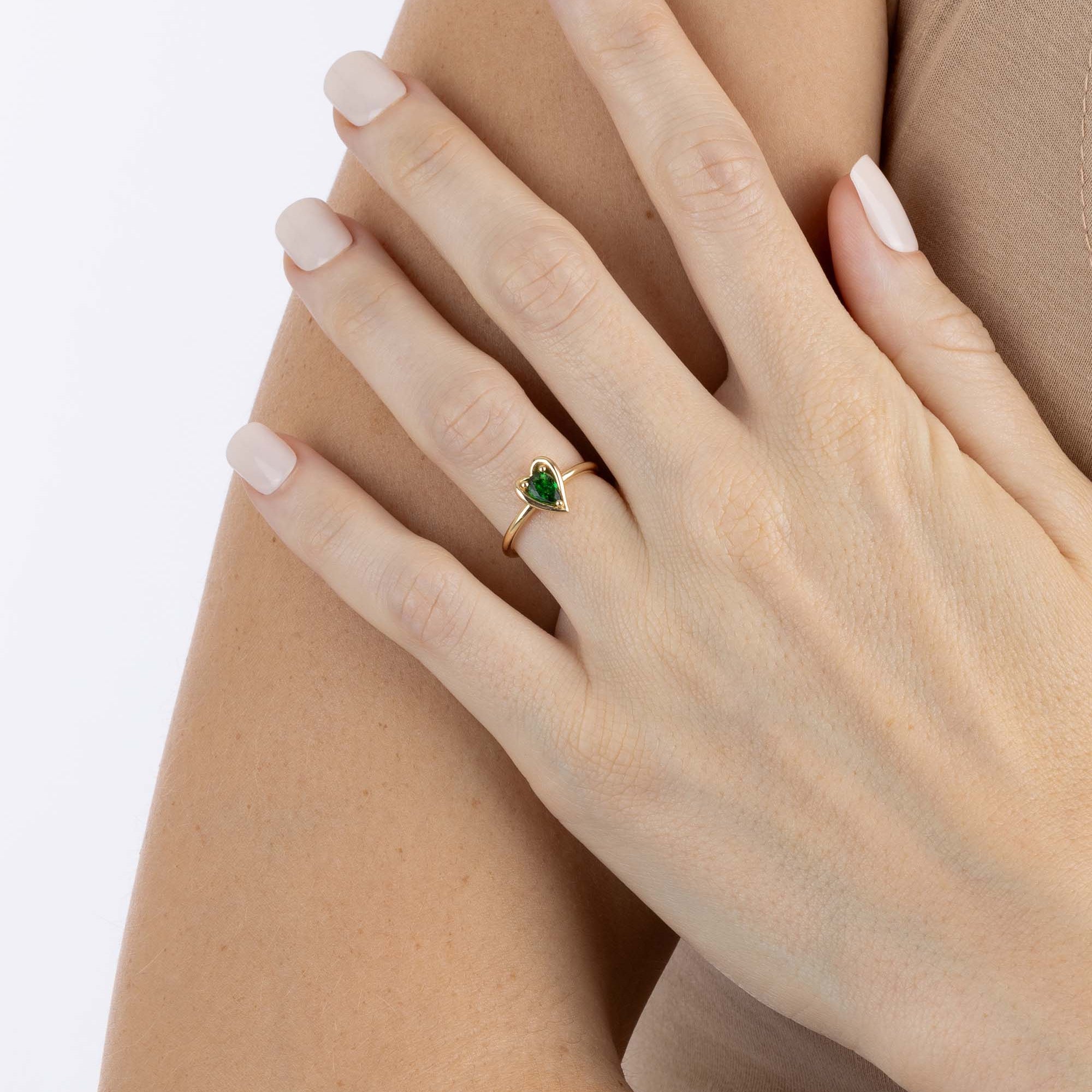 Rose Gold heart shaped ring with a pear shaped Tsavorite, Small - Model shot