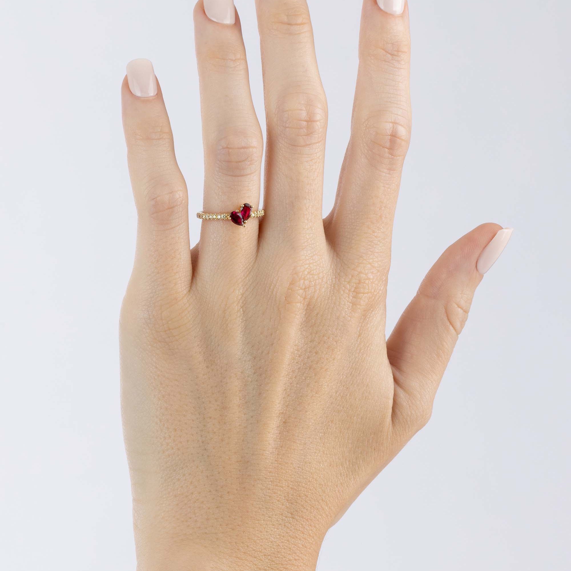 Yellow Gold, Diamond encrusted ring with pear shaped Rubellite, Small - Model shot