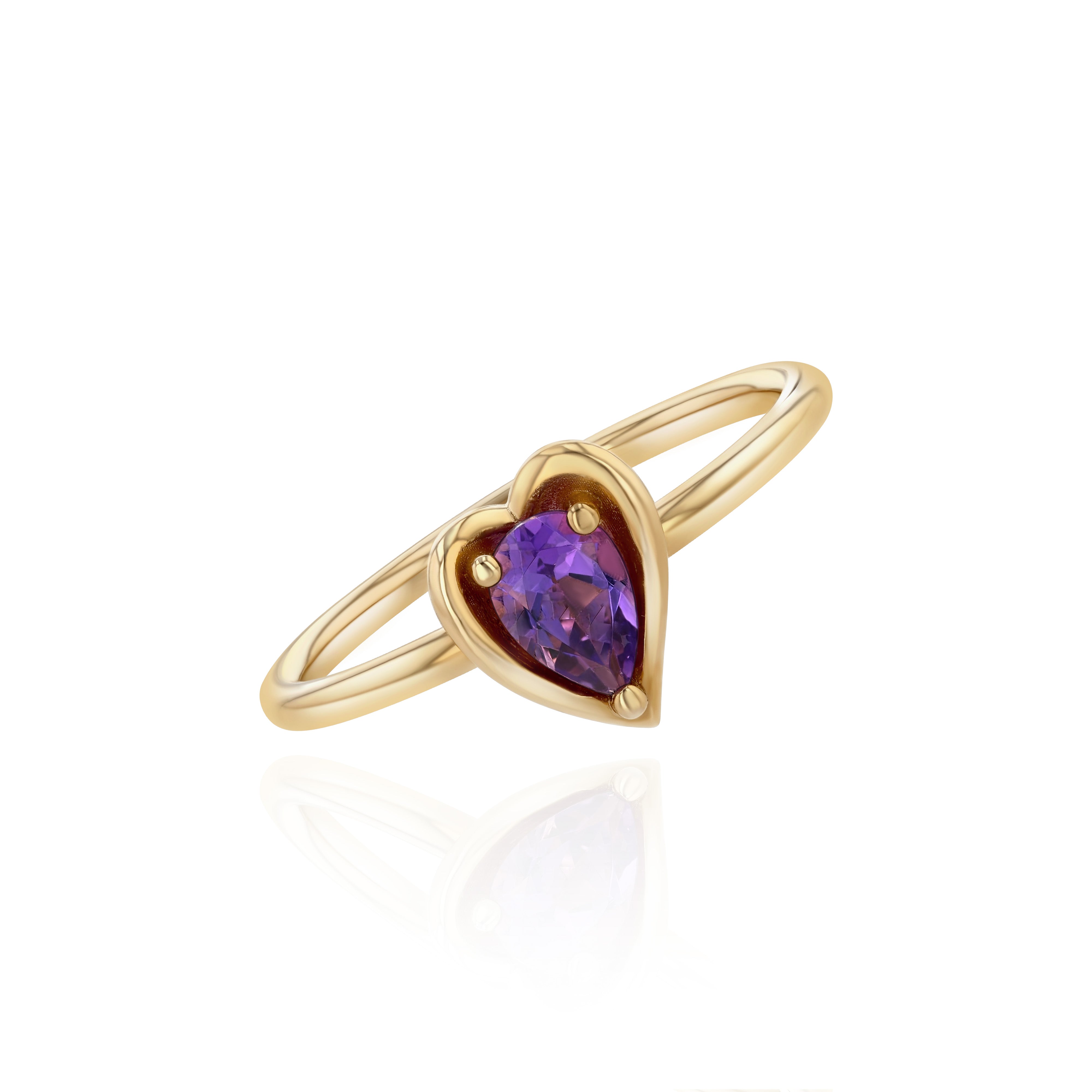 Yellow Gold heart shaped ring with a pear shaped Amethyst, Small