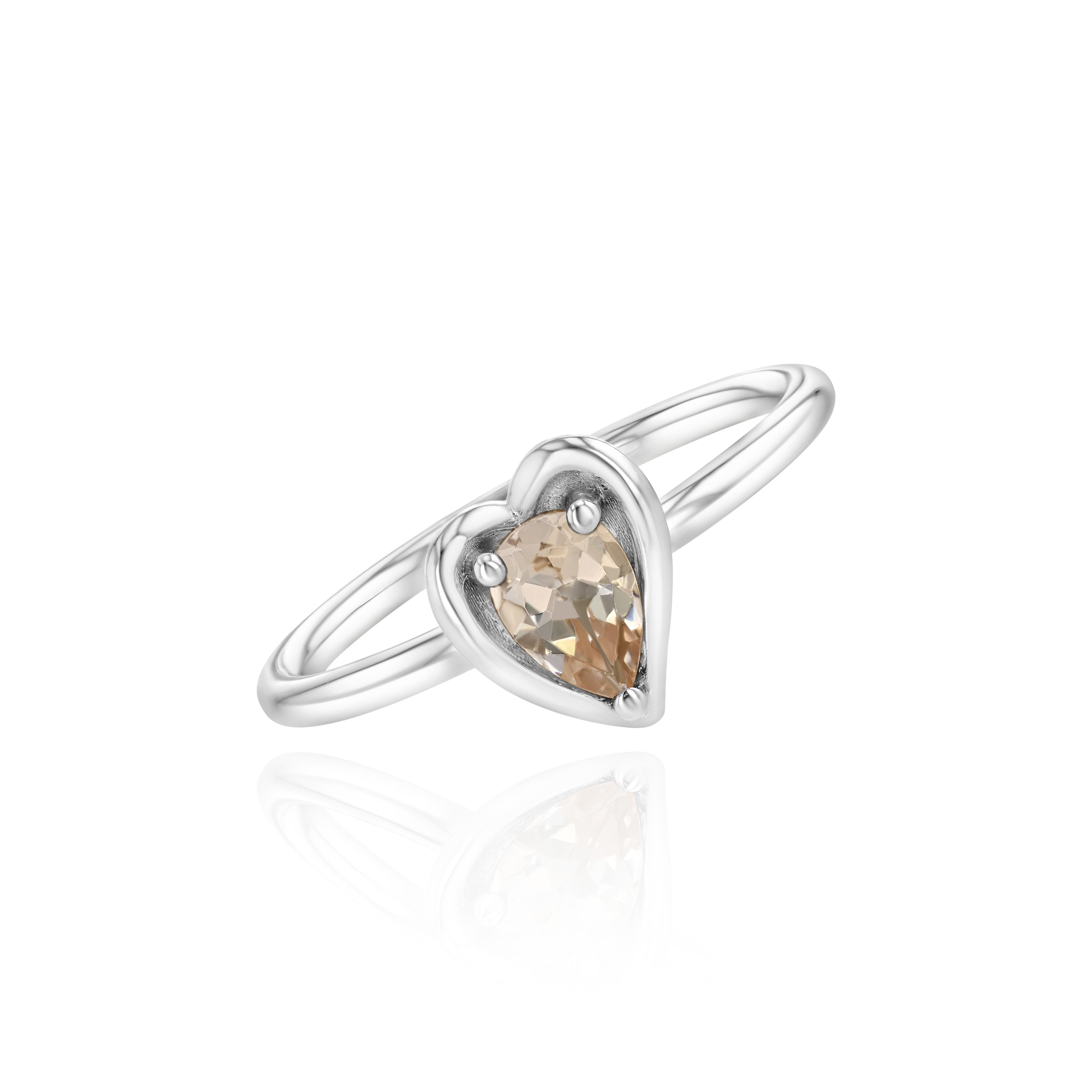 White Gold heart shaped ring with a pear shaped Morganite, Small