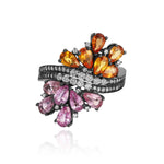 Rhodium Plated Gold and Diamond dual Ring - half Pink Sapphire, half Orange Sapphire, Medium