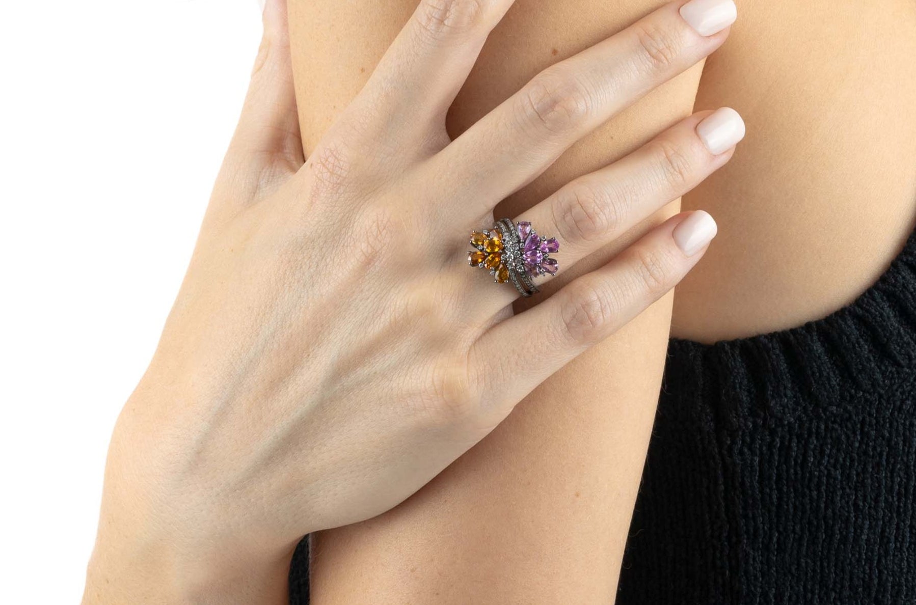 Rhodium Plated Gold and Diamond dual Ring - half Pink Sapphire, half Orange Sapphire - Model shot