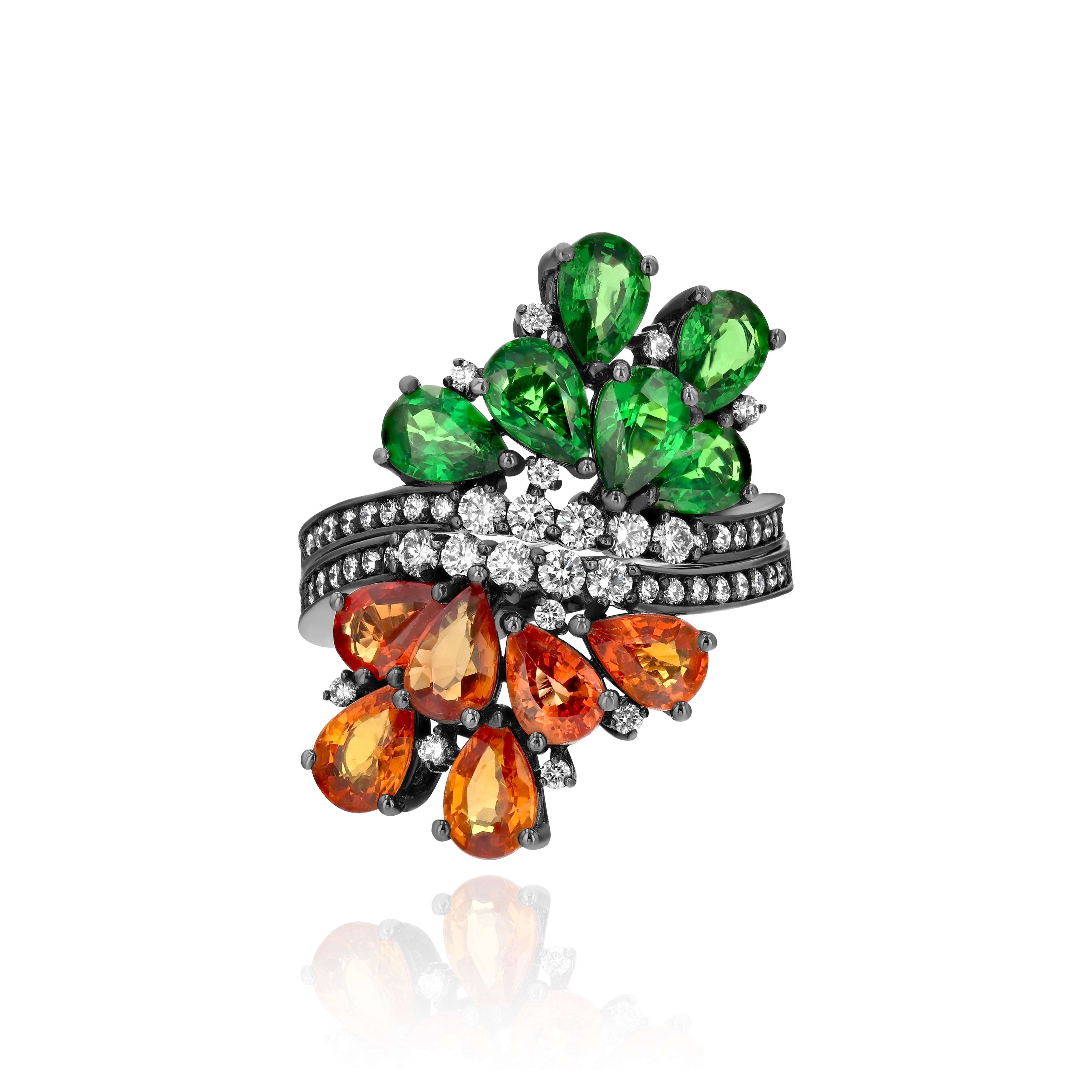 Rhodium Plated Gold and Diamond dual Ring - half Orange Sapphire, half Tsavorite, Large