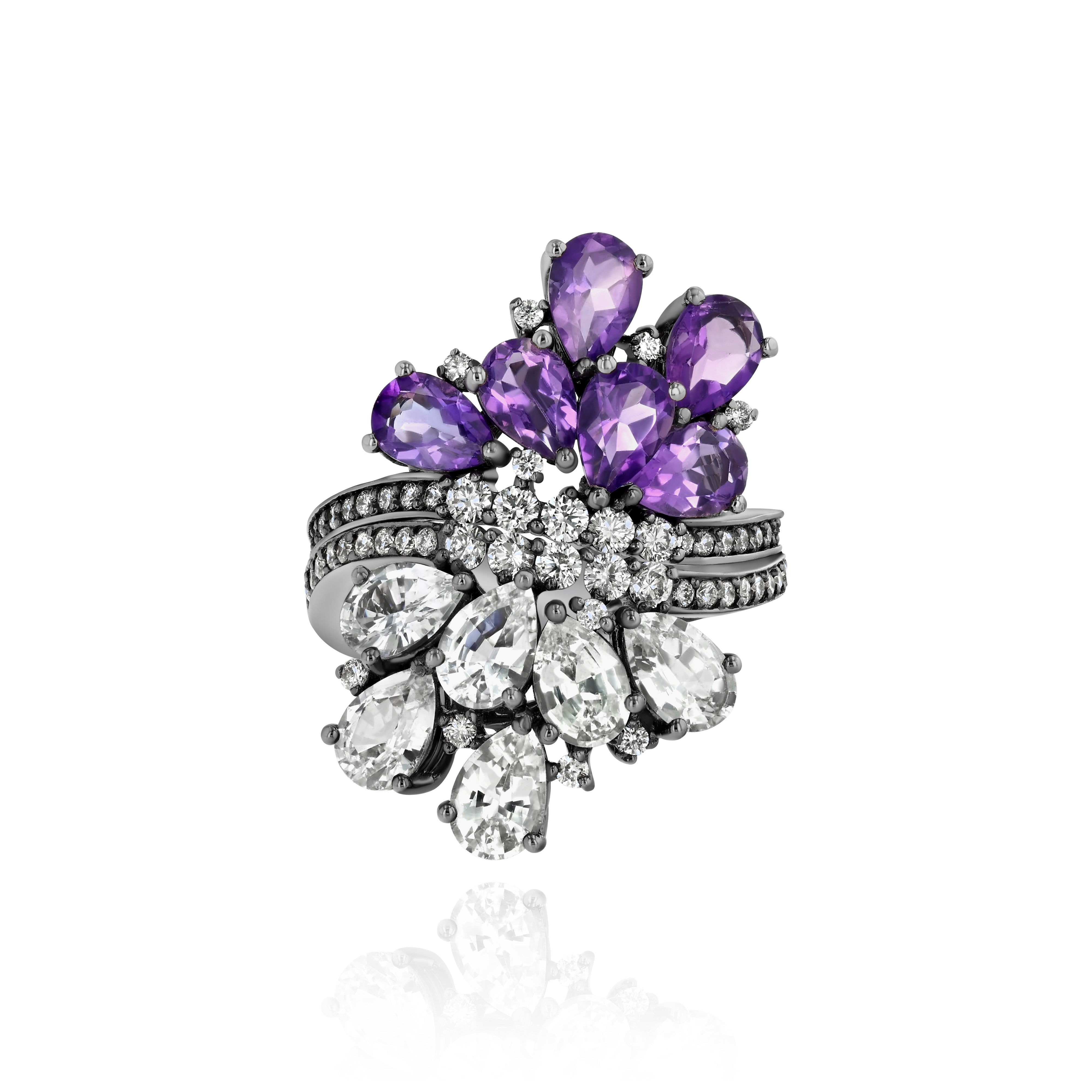 Rhodium Plated Gold and Diamond dual Ring - half White Sapphire, half Amethyst, Large