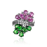 Rhodium Plated Gold and Diamond dual Ring - half Pink Sapphire, half Tsavorite, Large