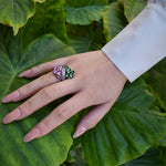 Rhodium Plated Gold and Diamond dual Ring - half Pink Sapphire, half Tsavorite, Large - Model shot