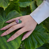 Rhodium Plated Gold and Diamond dual Ring - half Pink Sapphire, half Tsavorite, Large - Model shot