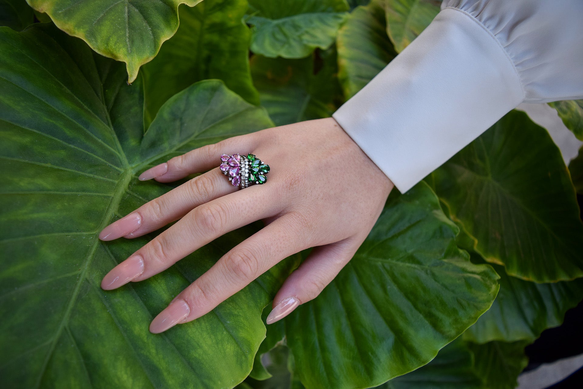 Rhodium Plated Gold and Diamond dual Ring - half Pink Sapphire, half Tsavorite, Large - Model shot