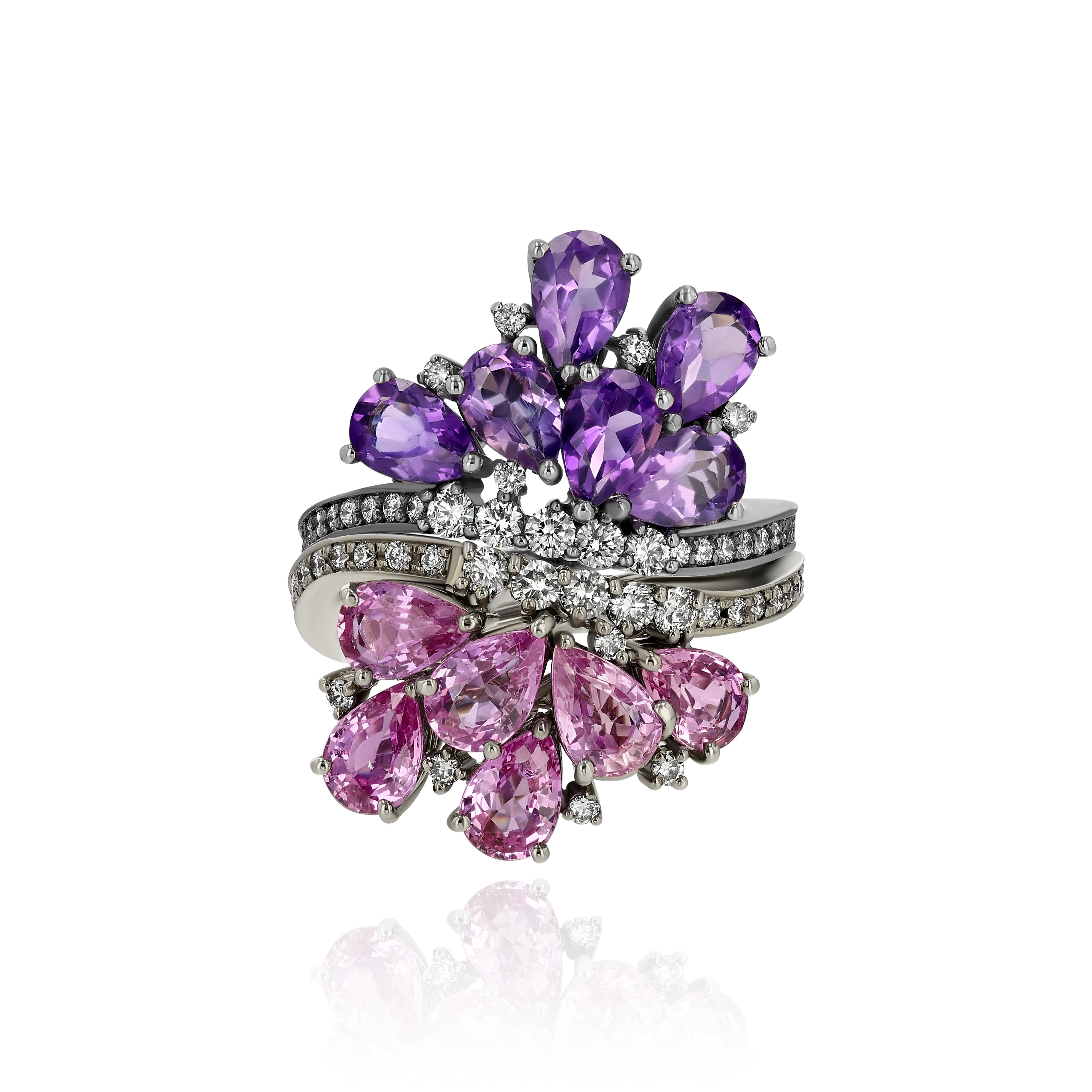 Rhodium Plated Gold and Diamond dual Ring - half Pink Sapphire, half Amethyst, Large