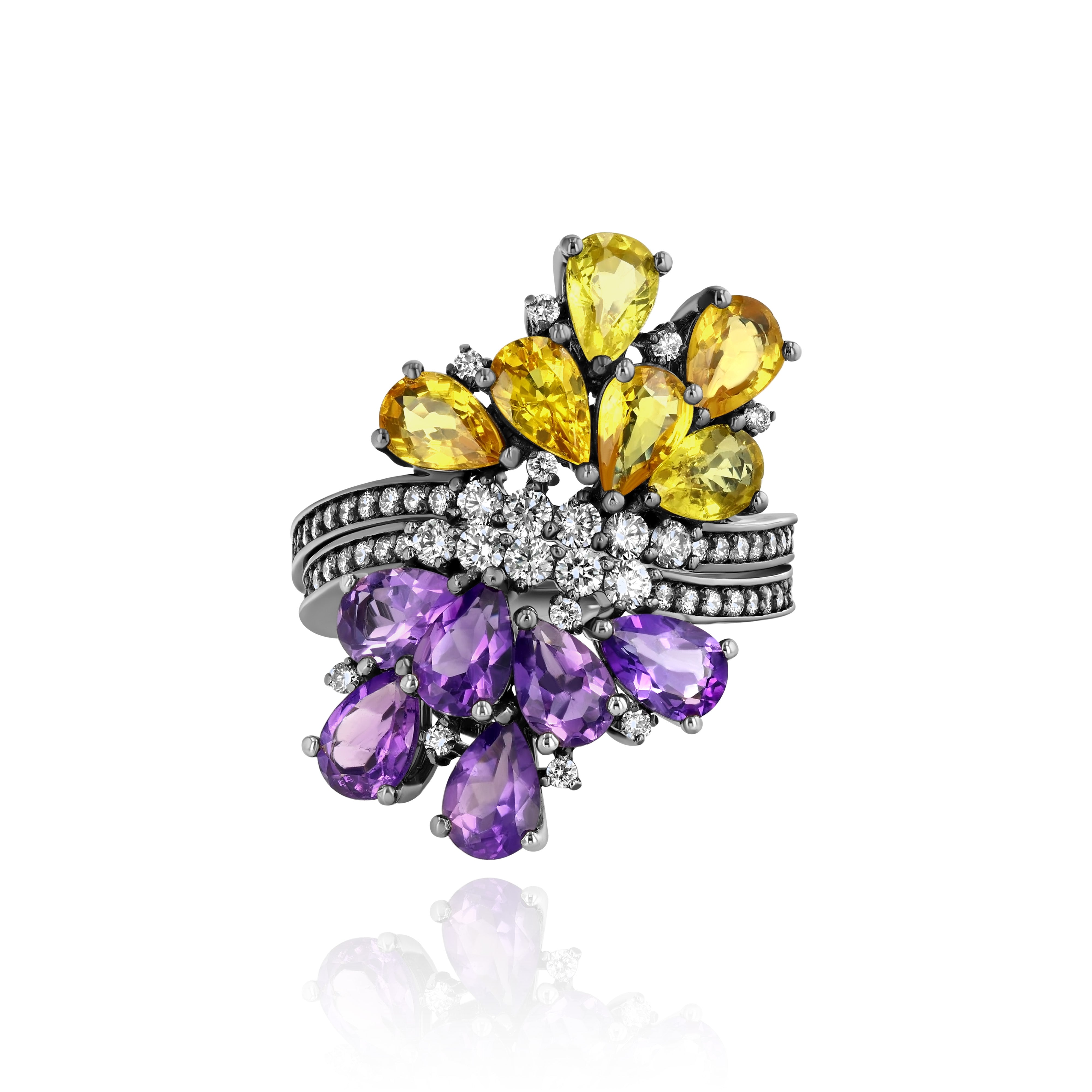 Rhodium Plated Gold and Diamond dual Ring - half Yellow Sapphire, half Amethyst, Large