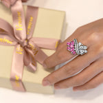 Rhodium Plated Gold and Diamond dual Ring - half Pink Sapphire, half White Sapphire - Model shot