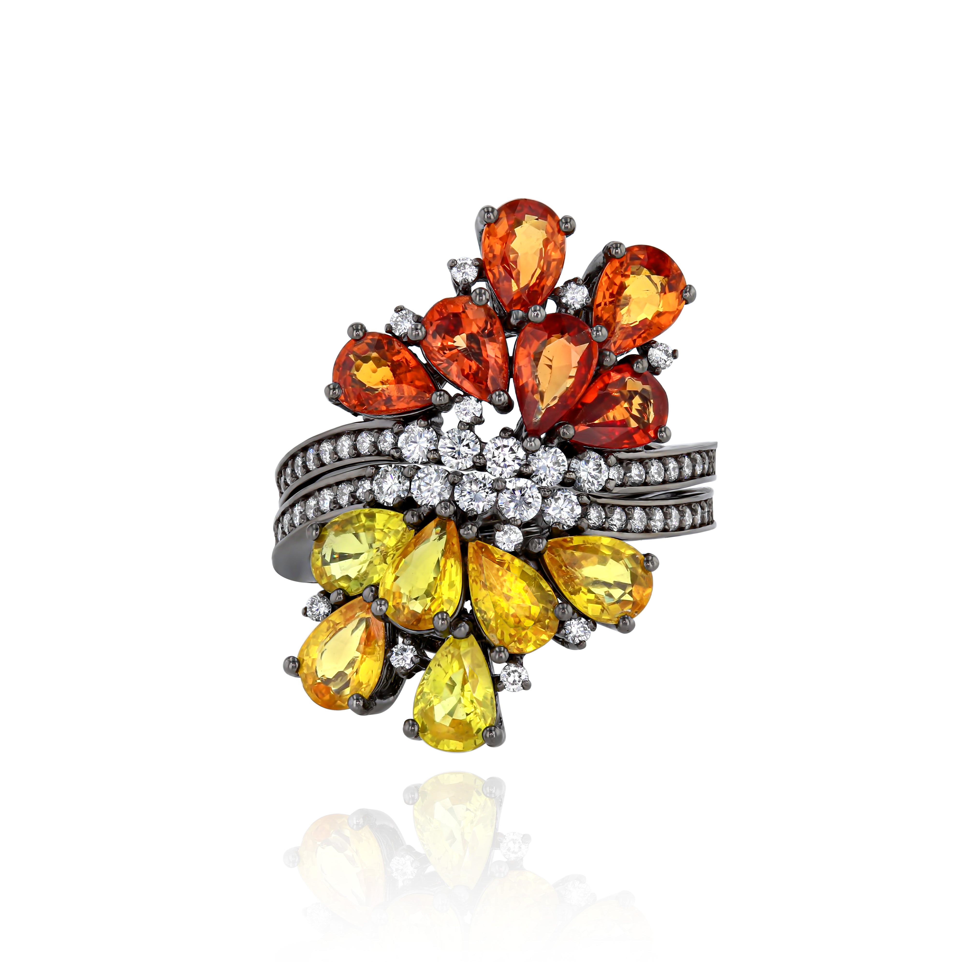 Rhodium Plated Gold and Diamond dual Ring - half Orange Sapphire, half Yellow Sapphire, Large