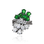 Rhodium Plated Gold and Diamond dual Ring - half White Sapphire, half Tsavorite, Large