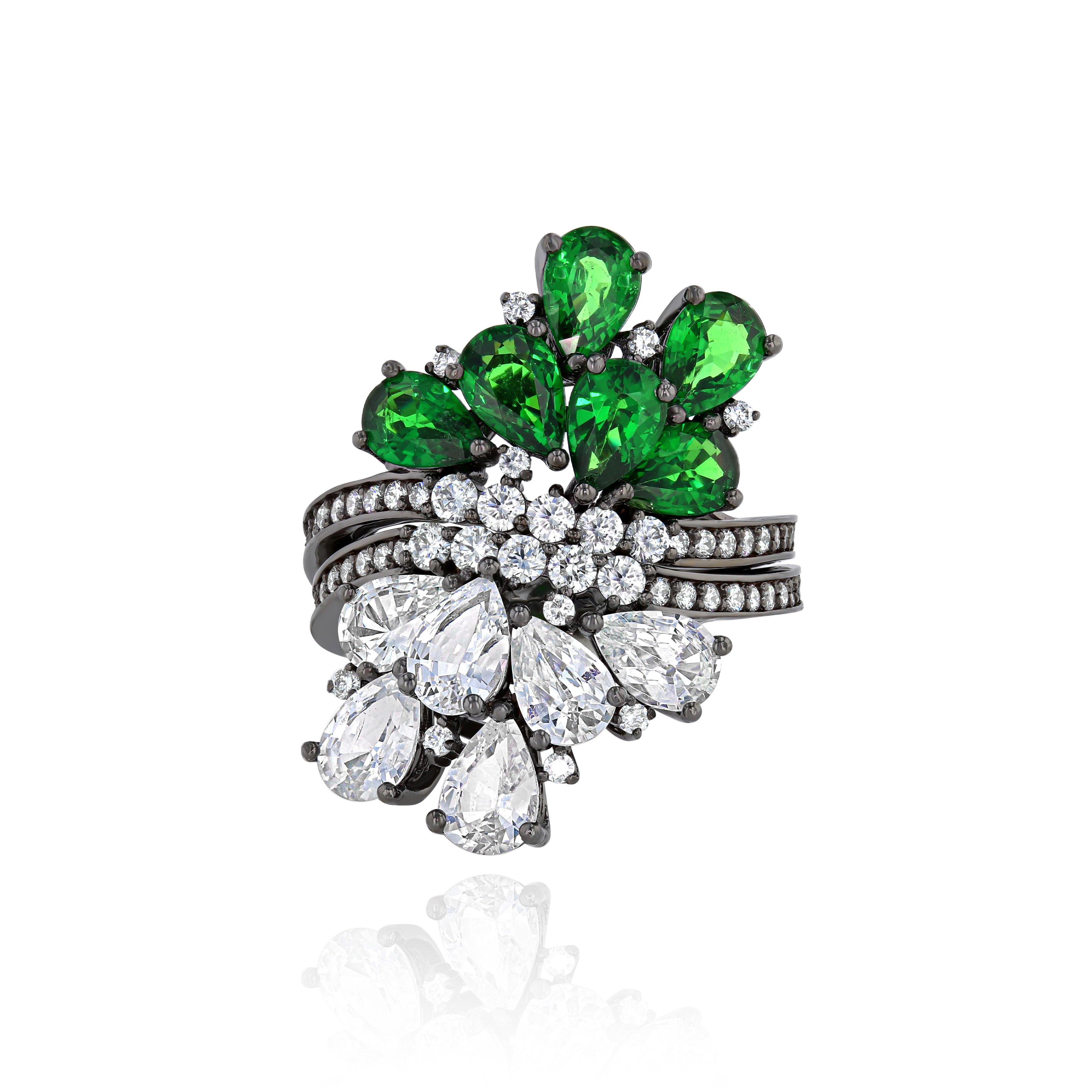 Rhodium Plated Gold and Diamond dual Ring - half White Sapphire, half Tsavorite, Large